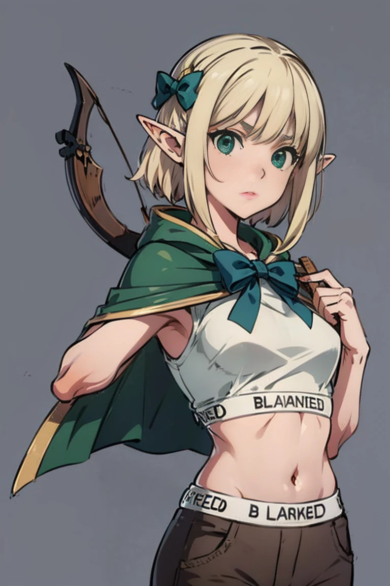 masterpiece, detailed, character, dungeons and dragons character, 1girl, elf girl, elf ranger, ((elf hunter)), arrow quiver, aiming, hunting pose, have arrows, elf bow, (have (hunting bow:1.35) in hands:1.1), (golden blonde) medium-short hair, (hair braid), cute face, detailed face, detailed eyes, green eyes, (wearing fantasy (forest elf (hunter outfit)), brown pants, green jacket, cool croptop, outfit with cape and hood), ((simple background, grey color background))