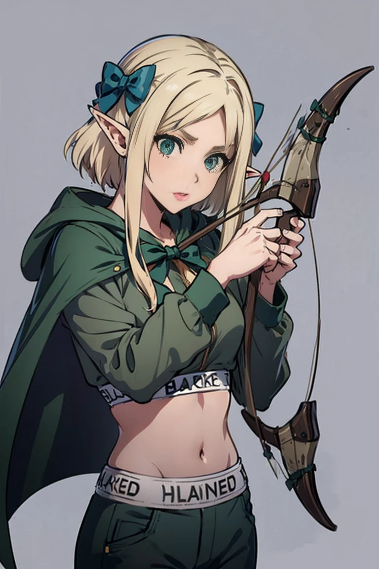 masterpiece, detailed, character, dungeons and dragons character, 1girl, elf girl, elf ranger, ((elf hunter)), arrow quiver, aiming, hunting pose, have arrows, elf bow, (have (hunting bow:1.35) in hands:1.1), (golden blonde) medium-short hair, (hair braid), cute face, detailed face, detailed eyes, green eyes, (wearing fantasy (forest elf (hunter outfit)), brown pants, green jacket, cool croptop, outfit with cape and hood), ((simple background, grey color background))