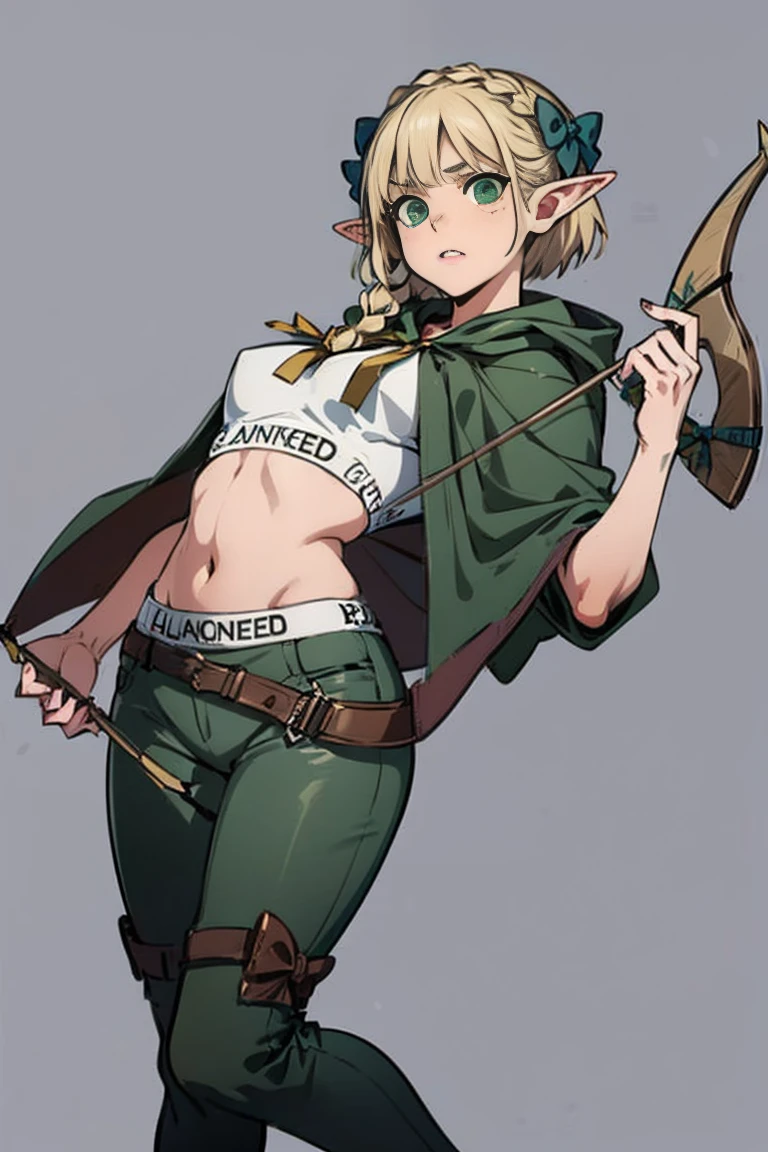 masterpiece, detailed, character, dungeons and dragons character, 1girl, elf girl, elf ranger, ((elf hunter)), arrow quiver, aiming, hunting pose, have arrows, elf bow, (have (hunting bow:1.35) in hands:1.1), (golden blonde) medium-short hair, (hair braid), cute face, detailed face, detailed eyes, green eyes, (wearing fantasy (forest elf (hunter outfit)), brown pants, green jacket, cool croptop, outfit with cape and hood), ((simple background, grey color background))