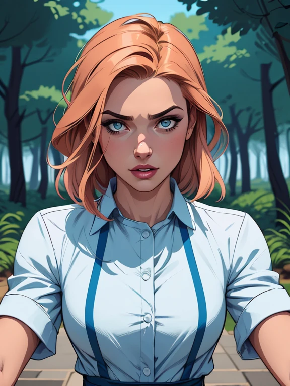 Personagem  com marcas de guerras Imagem de desenho animado de uma mulher .cartoon style illustration, estilo de arte dos desenhos animados, estilo de arte dos desenhos animados, digital illustration style, design de personagens altamente detalhado, arte digital detalhada coragem, Forest fan art, Design de personagens de retrato, beautiful digital illustration, retrato de alta qualidade, Arte em quadrinhos, mulher jovem cabelo com transas lindas . Beautiful outlined eyes Medium large bust and wonderful sensual clothes. expression of sexual desire image from the waist to the head illustration she wears a sensual cleaning lady uniform