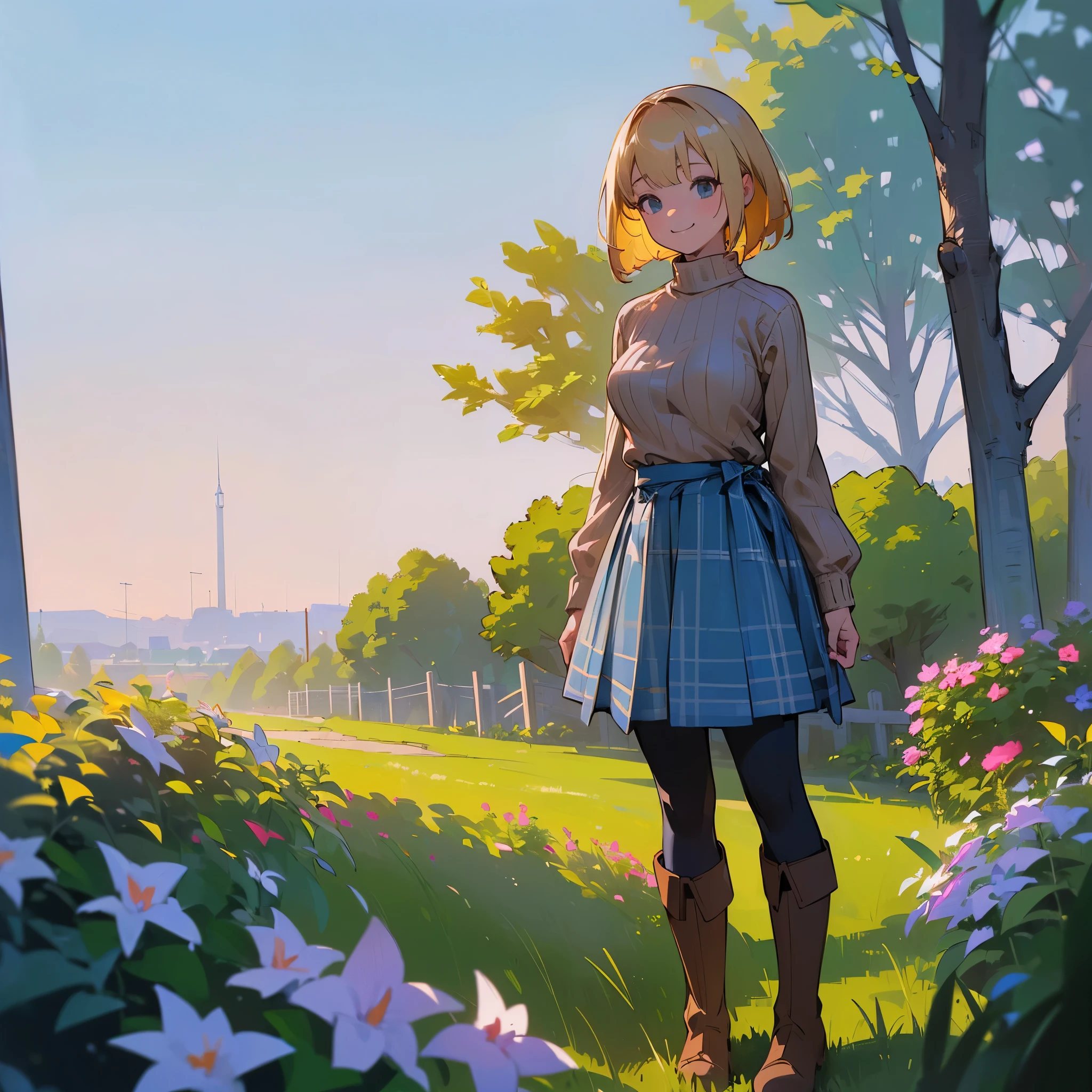 (high quality, High resolution, Super detailed, reality:1.37), peaceful atmosphere, (outdoor, garden), girl standing alone, (my breasts are big.), Beautiful detail features, cute smile, (blonde bob hair), ribbed sweater, blue plaid skirt, black tights, brown boots.