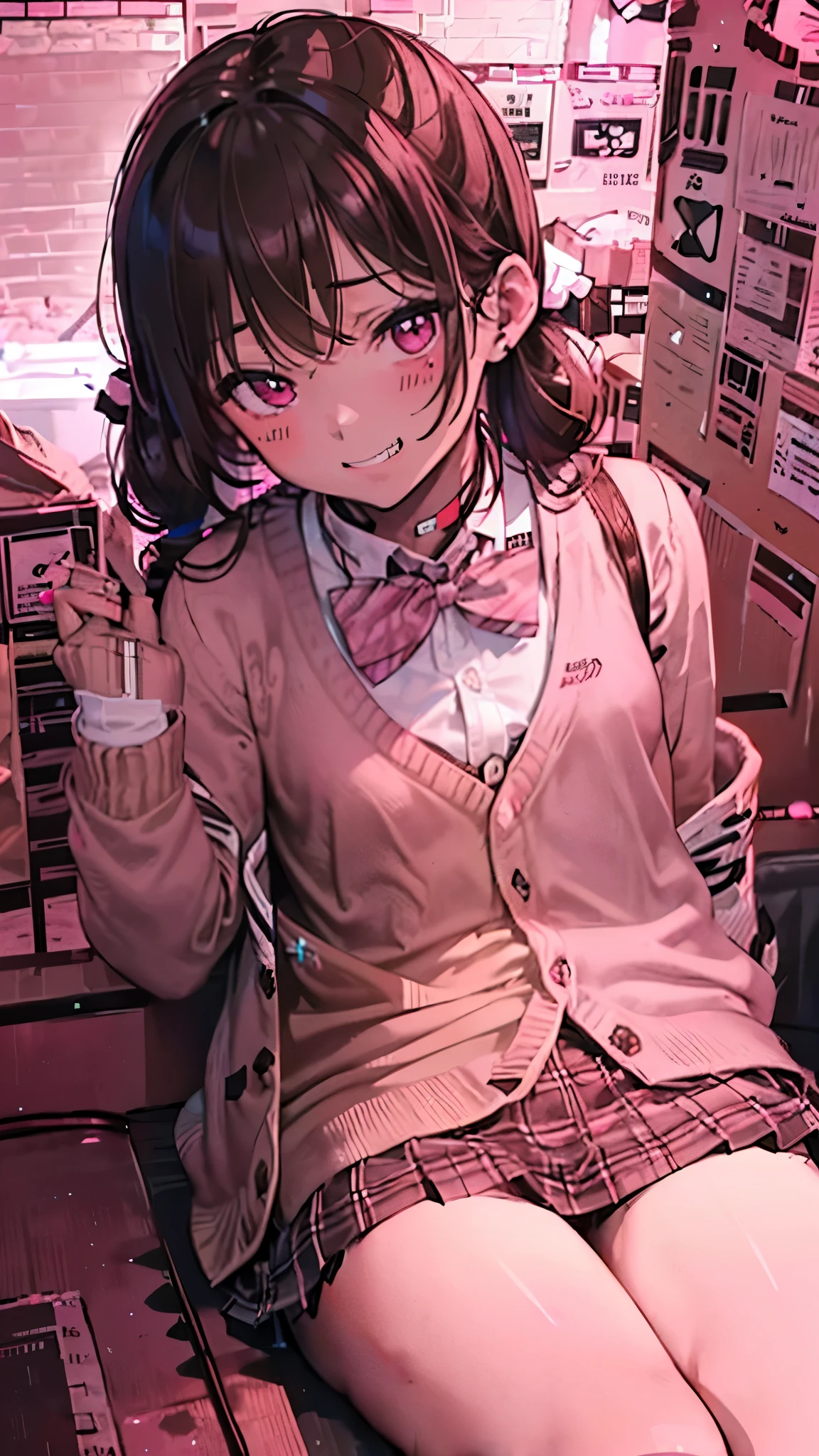 (8K、Highest image quality、highest quality、masterpiece)、detailed face、((One li))、black hair、twintails、gray eyes、evil smile、((grin))、small breasts、blue bow tie、((brown cardigan:1.2))、plaid skirt、(((micro miniskirt:1.1)))、cowboy shot、sit、((pinsalo))、scenery, fence, couch, indoors、indoor、((pink lighting:1.5))、((nsfw))