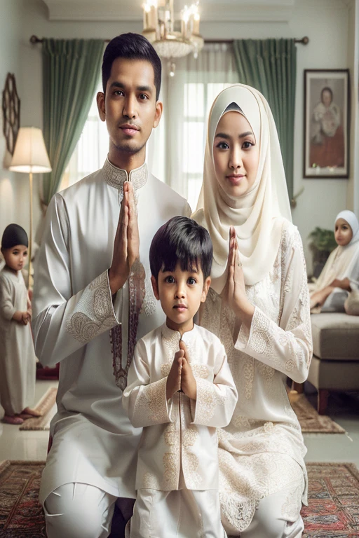 muslim family in traditional clothing sitting on a rug in a living room, an indonesian family portrait, happy family, barong family, husband wife and son, barong family member, home photography portrait, by Basuki Abdullah, muslim, malaysian, family portrait, family, portrait of family of three, realism art, potrait, family photography, 7 0 mm portrait