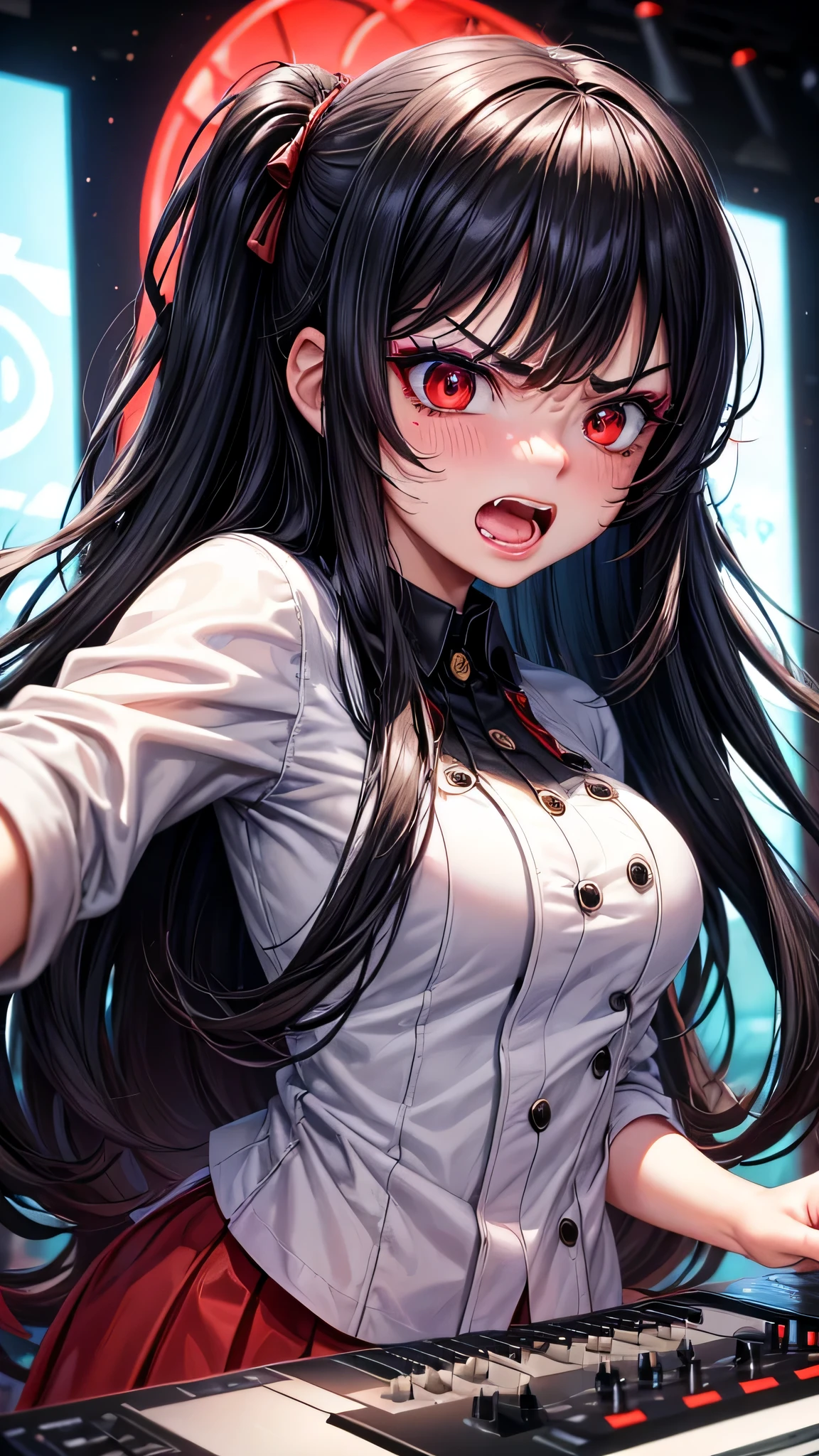 perfect anatomy, masterpiece:1.4, best quality, 8k, beautiful detailed grow, daydreaming expression, in the rap battle stage, ((Rap Battle style)) (hand holding mike gripping mike), break, profile (solo curly:1.2 black hair long hair evil:1.3 girl, yo, cute red eyes, (((make-up))) face, angry:1.2 face, blush:1.2, Screaming open mouth), break, (in a evil dj style uniform).