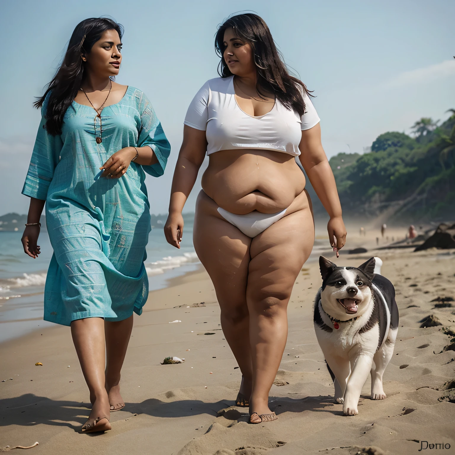 A 40 year obese Indian women walking at beach with a pet dog