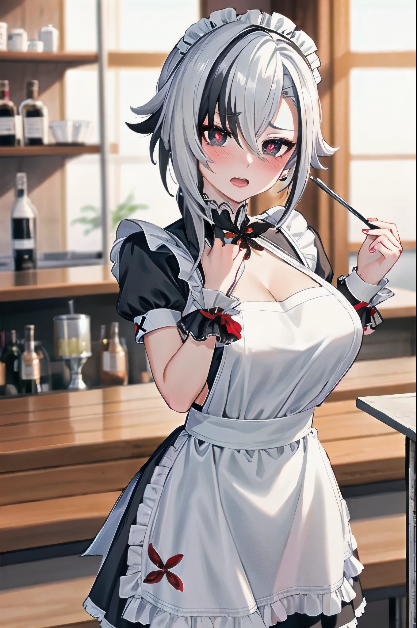 1girl, arlecchino \(genshin impact\), maid, maid headdress, maid apron, embarrassed, open mouth, blush, light frown, looking at viewer, x-shaped pupils, black eyes, cowboy shot, bar \(place\), indoors, depth of field