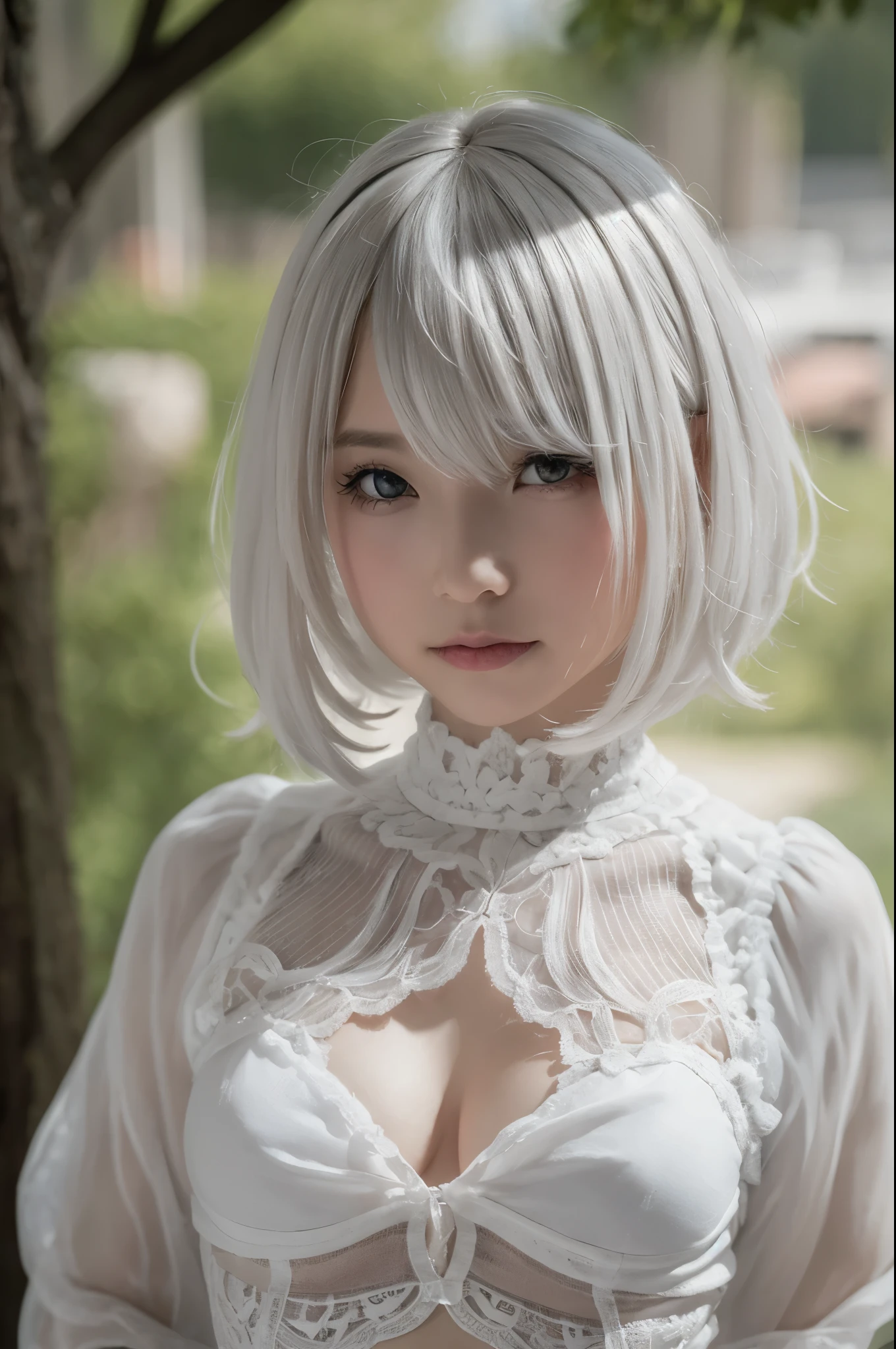 ((high quality)),table top,(Detailed depiction of local details:1.2),1 Japanese girl,(plump breasts:1.3),Enchanted Valley,closed mouth,eyelash,looking at the viewer,portrait,alone,Upper body,gray hair,white theme,short hair,silver hair,Yoruhano. 2 Type B,