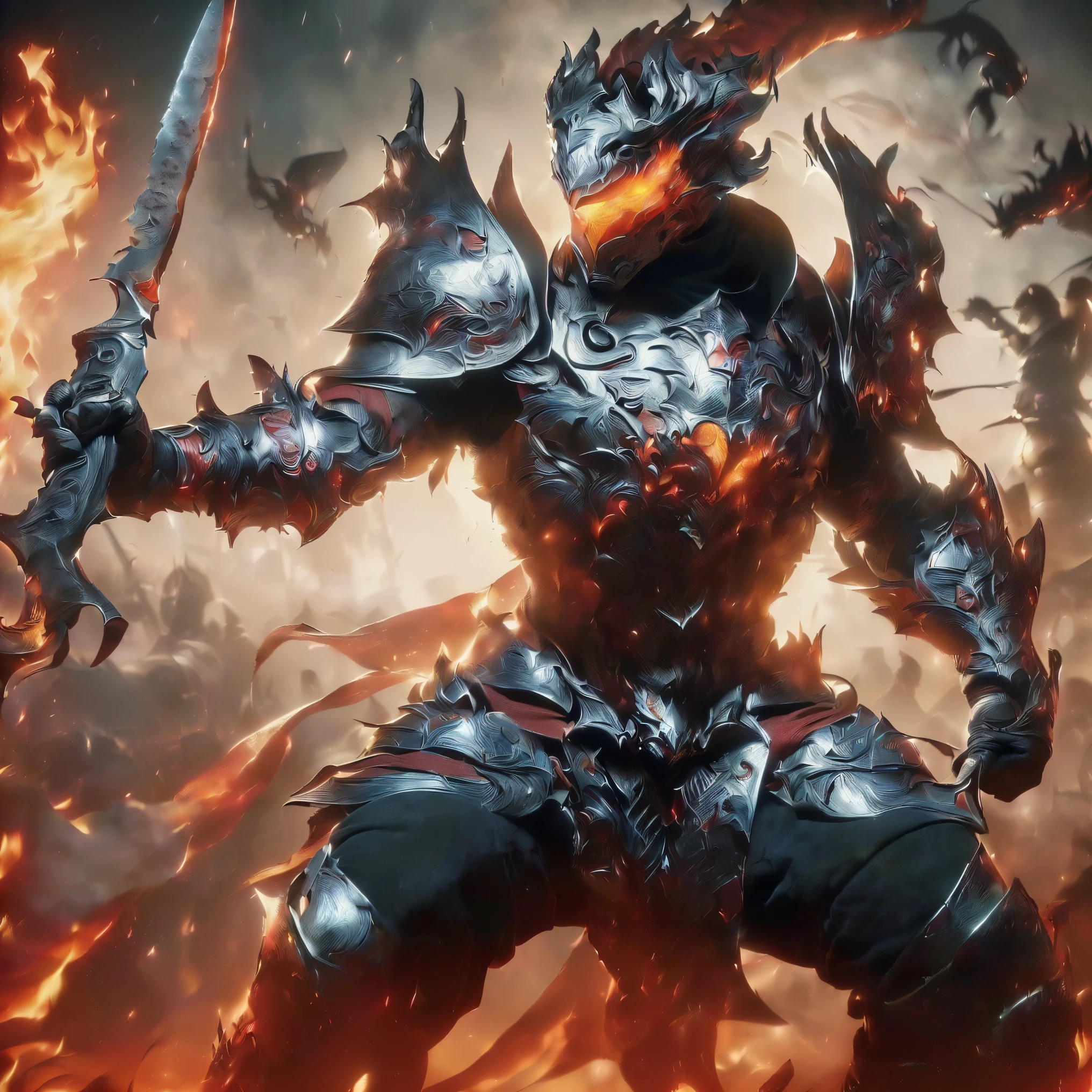 (((realista, obra de arte, Melhor qualidade, sharp details, High definition, Alto detalhe, Detalhes muito ricos, sharp focus, sharp detail, colorida, Cor rica, ((20 anos de idade, cabelo preto meio da guerra, epic war scene, atacando))), vestindo (((linda armadura leve dourada decorada, fire dragon armor, armadura completa decorada, lindo quimono totalmente blindado, largas asas de fogo))), (segurando fogo gigante), (((Sangue por toda parte, with his arm made of iron going to cut us
