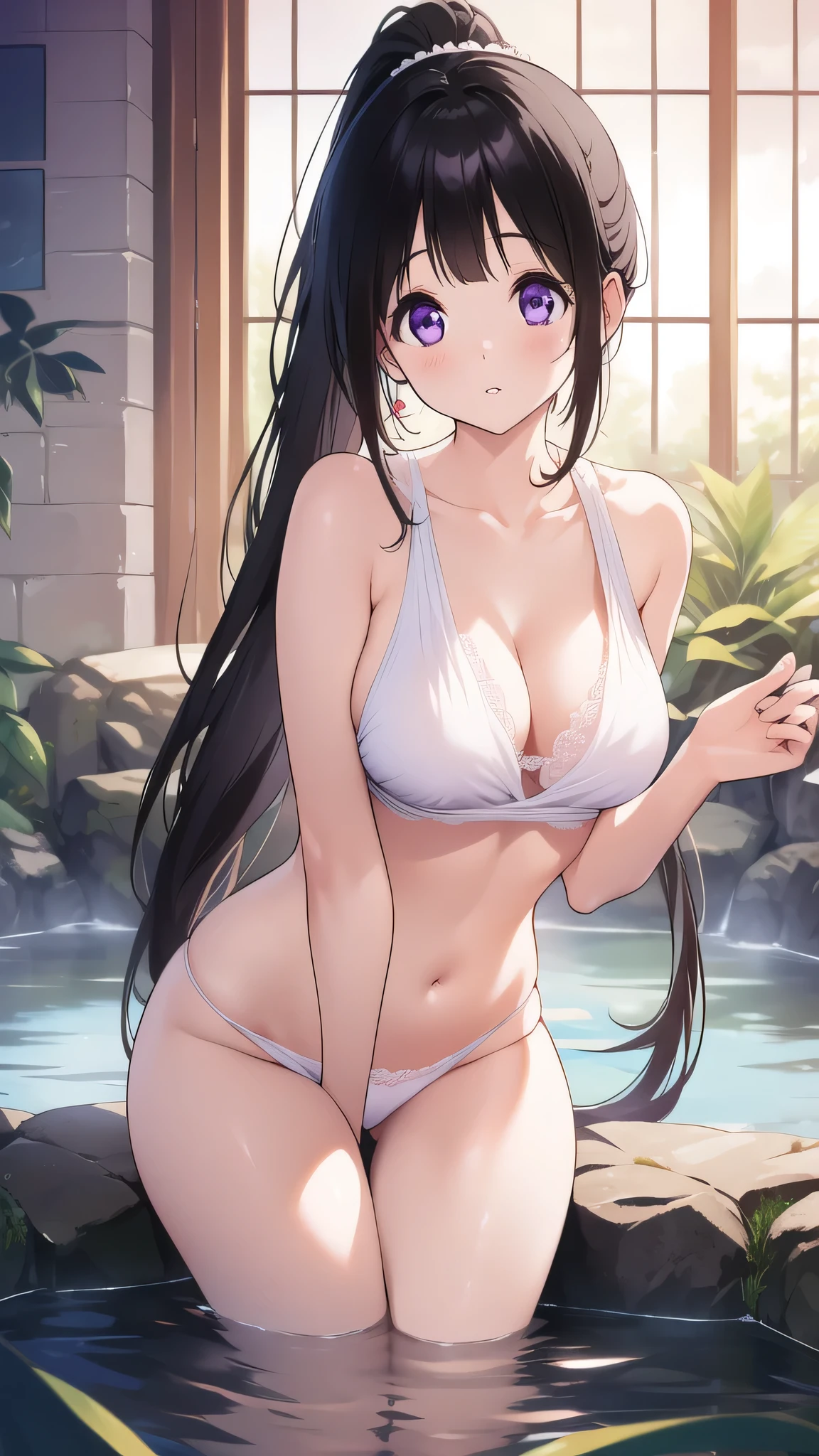 Stunning Chitanda, There is only one beautiful girl,purple eyes, black hair, single ponytail, straight bangs,extremely refined,adult face,lips open,flowing long hair,Peerless beautiful girl, dreamlike,Slim,soft, (Sensual), (kawaii), Dream quality,Take a soak in the hot springs,extremely shy,Hands are not exposed,no pants,There are no shoulder straps,camel toe,no underwear,side breasts,showing areola,Bare thighs,bare shoulders,Clavicle exposed,bare neck,groin,barefoot,bare breasts,ultra high resolution, (masterpiece:1.2, best quality), (Exquisite and beautiful eyes: 1.2), (Beautiful and delicate face)