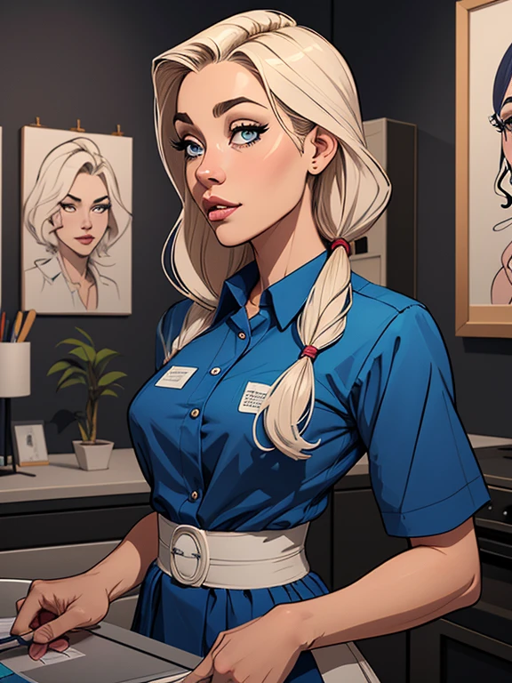 Personagem  com marcas de guerras Imagem de desenho animado de uma mulher .cartoon style illustration, estilo de arte dos desenhos animados, estilo de arte dos desenhos animados, digital illustration style, design de personagens altamente detalhado, arte digital detalhada coragem, Forest fan art, Design de personagens de retrato, beautiful digital illustration, retrato de alta qualidade, Arte em quadrinhos, mulher jovem cabelo com transas lindas . Beautiful outlined eyes Medium large bust and wonderful sensual clothes. expression of sexual desire image from the waist to the head illustration she wears a sensual cleaning lady uniform