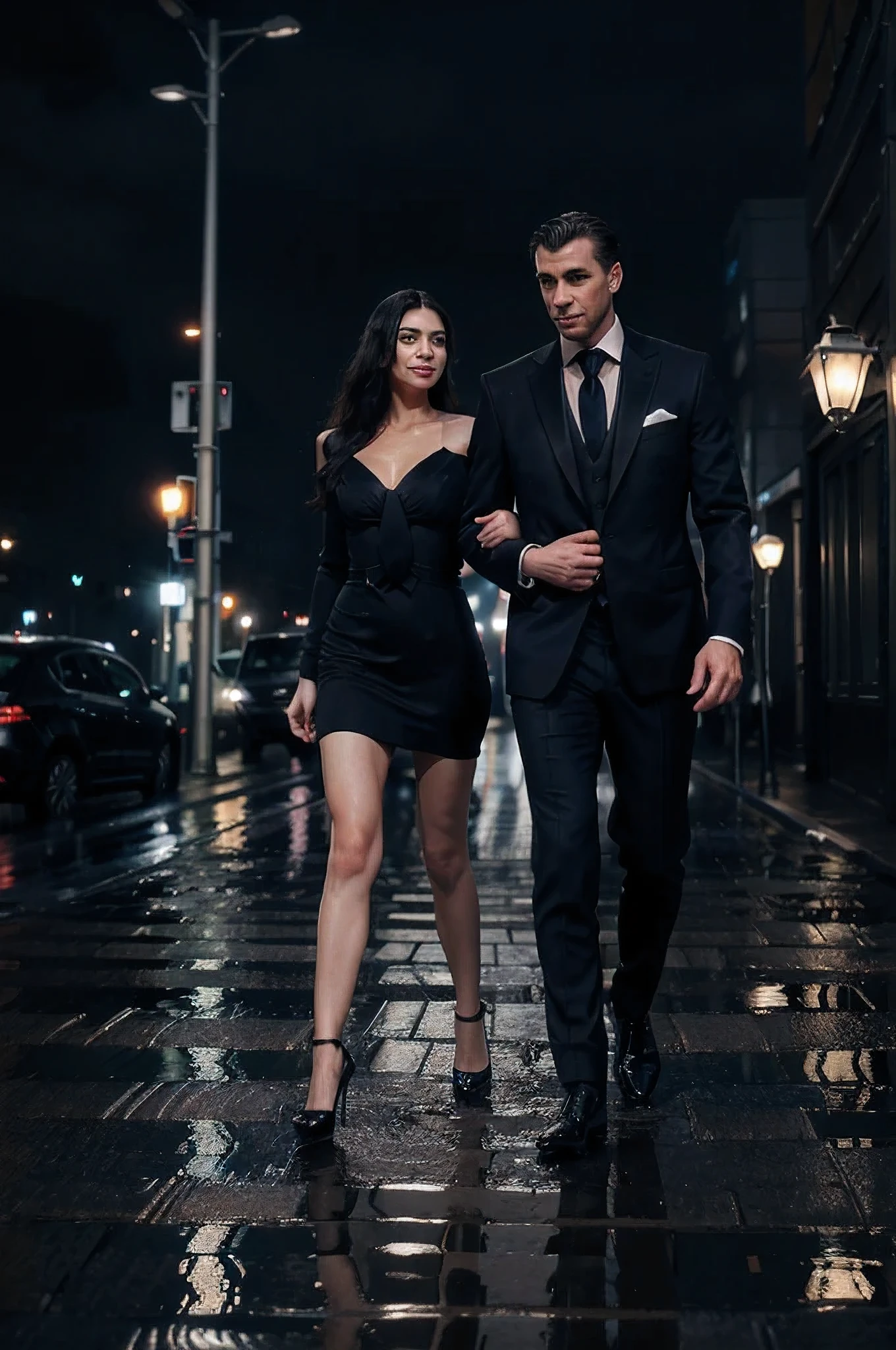 An elegant man in a navy blue suit and black tie walks down a busy urban street in heavy rain. Next to him, a mysterious woman in a black dress and high heels accompanies him with an enigmatic smile. Tall and modern buildings with lit windows complete the scene. The city lights reflect in the puddles on the street, creating a dramatic and suspenseful atmosphere