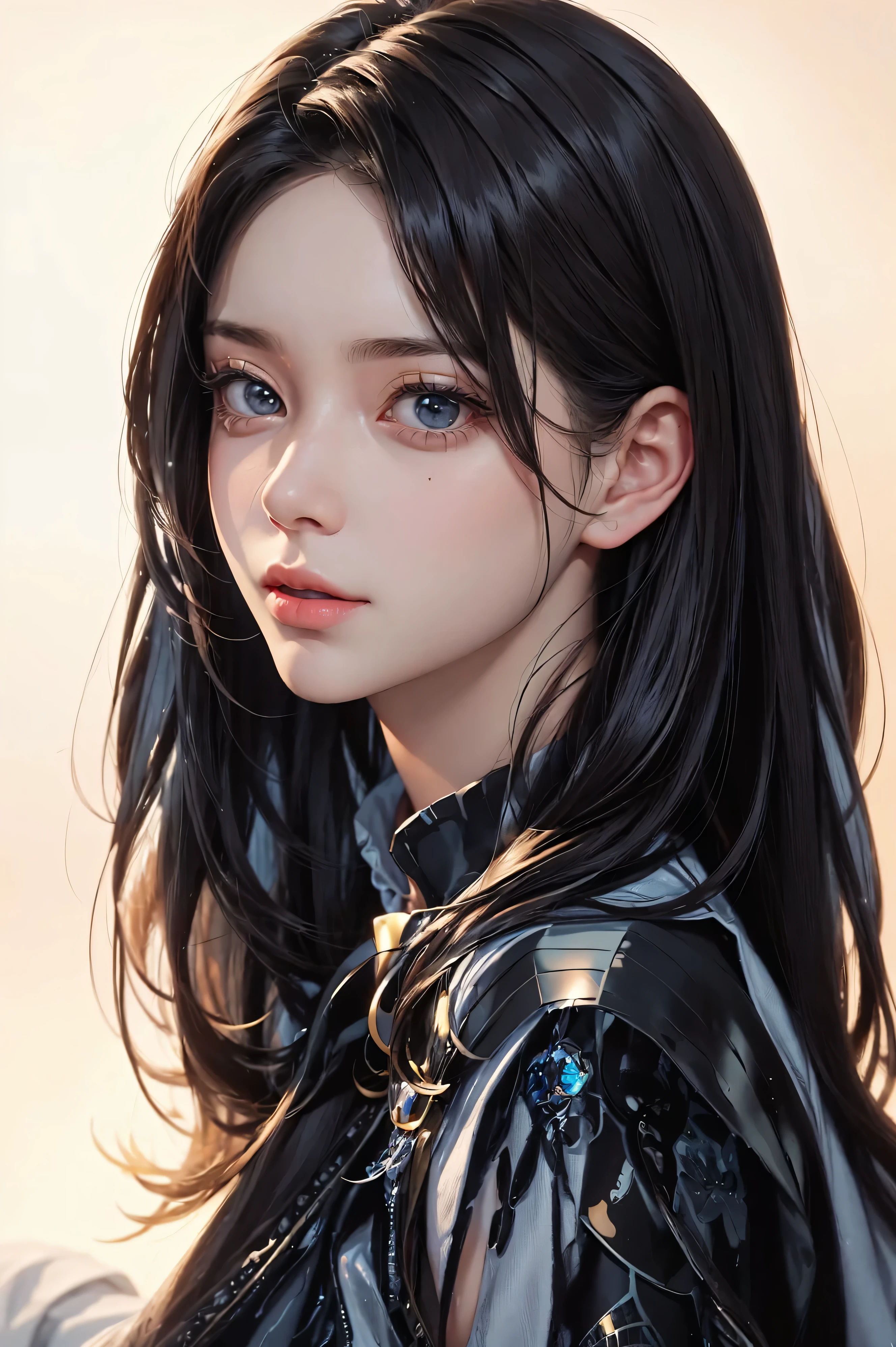 A close up of a woman with long black hair and a black outfit - SeaArt AI