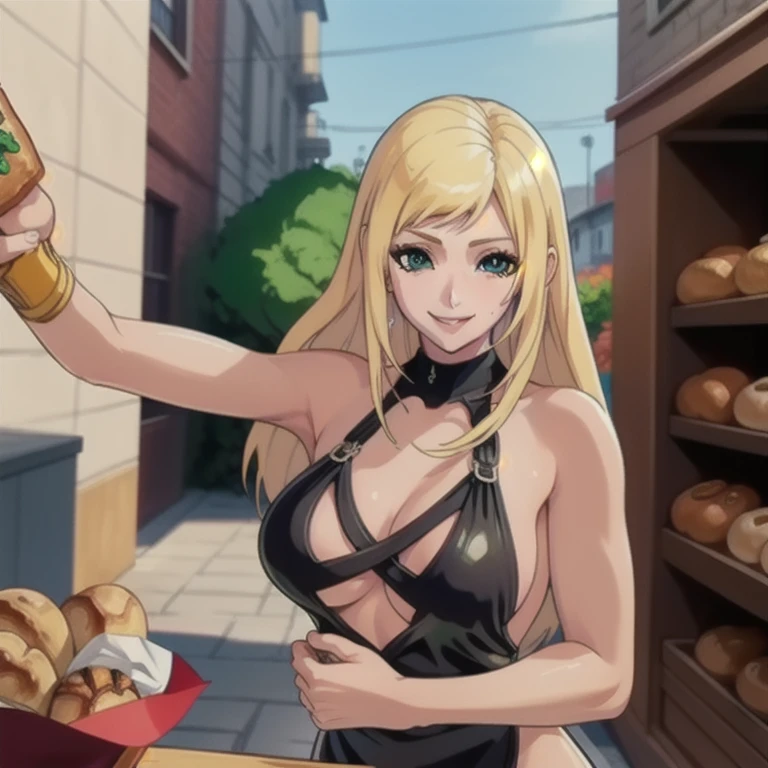 ((masterpiece, best quality, highres, UHD, perfect pixel, depth of field, 8k, RTX, HDR)), BREAK, 1girl, single, solo, beautiful anime girl, beautiful artstyle, anime character, ((long hair, blonde hair)), (green:1.4, rounded eyes, beautiful eyelashes, realistic eyes),big breast, without clothes wearing only a white apron, covered in sweat, blushing, with a smile, BREAK, holding a bitten bread in the hand, sexy pose in a pastry shop with shelves with a lot of bread.