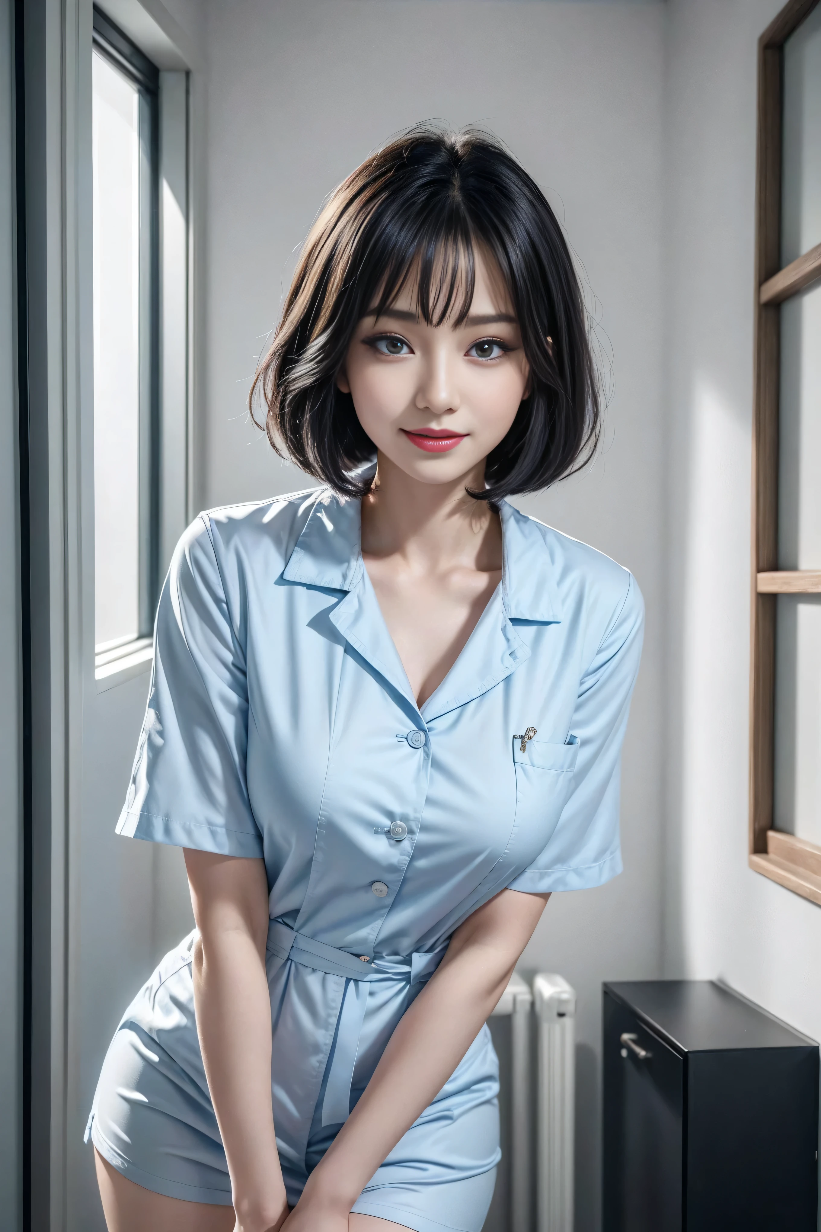 (3 Ultimate Beauty Nurse)、{{{masterpiece}}}， {Oh oh oh, Oh, really：1.2}， best quality， official art， Highly detailed CG Unity 8k wallpaper， The facial details are very rich、delicate lips、delicate eyes、double eyelids、((black bob hair))、(Nurse:1.3)、(charming figure)、(huge)、（（Open your mouth and smile： 1.8， cute smile： 1.8））， solo， Short hair details， vibrant smile， blue eyes，with eyes_Tokar， {Beautiful detailed gradient eyes}， red lips，thigh, thigh, thigh, perfect fit, Perfect Image Realism, background with: (hospital ward:1.2), cow boy shooting, Detailed background, detailed clothing, Wear a nurse hat，Wear Nurse Clothes，perfect lighting、Surreal、(Realism:1.4)、8K maximum resolution, (masterpiece), The content is very detailed, professional，