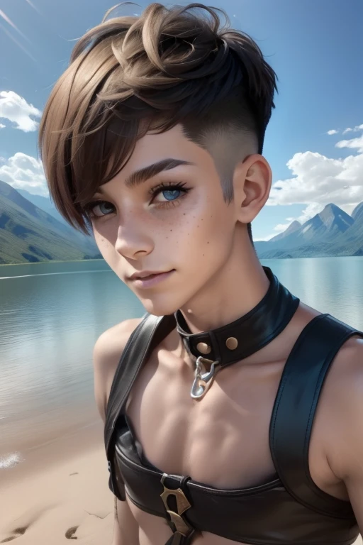 A happy young man with an undercut in a fantasy setting. An adventurer and ranger. Very androgynous looking. In a good mood. Shirtless smooth skinny chest. Androgynous. Slim body. Very . Thin waist, Face: Extremly pale skin with liverspots and freckles. Soft narrow face with a round chin. Soft small jaw. Upturned big dark-brown eyes. Dark-brown eyecolour. Short blonde hair. A boyish face. short haircut Undercut. Sides shaved. A tight fantasy leather shorts of a lonley ranger. Background: Wide colourful plains. A big lake. Shiny blue sky. Wonderful weather. 