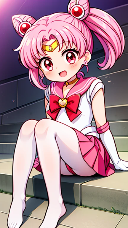 sailor moon,childhood,Young,Seven years old,Cute little loli,Pink hair twintails,short hair,red eyes,Sailor suit,bow tie,White elbow gloves,red skirt,no shoes,Open your mouth,laughing out loud,white pantyhose,sitting,short legs