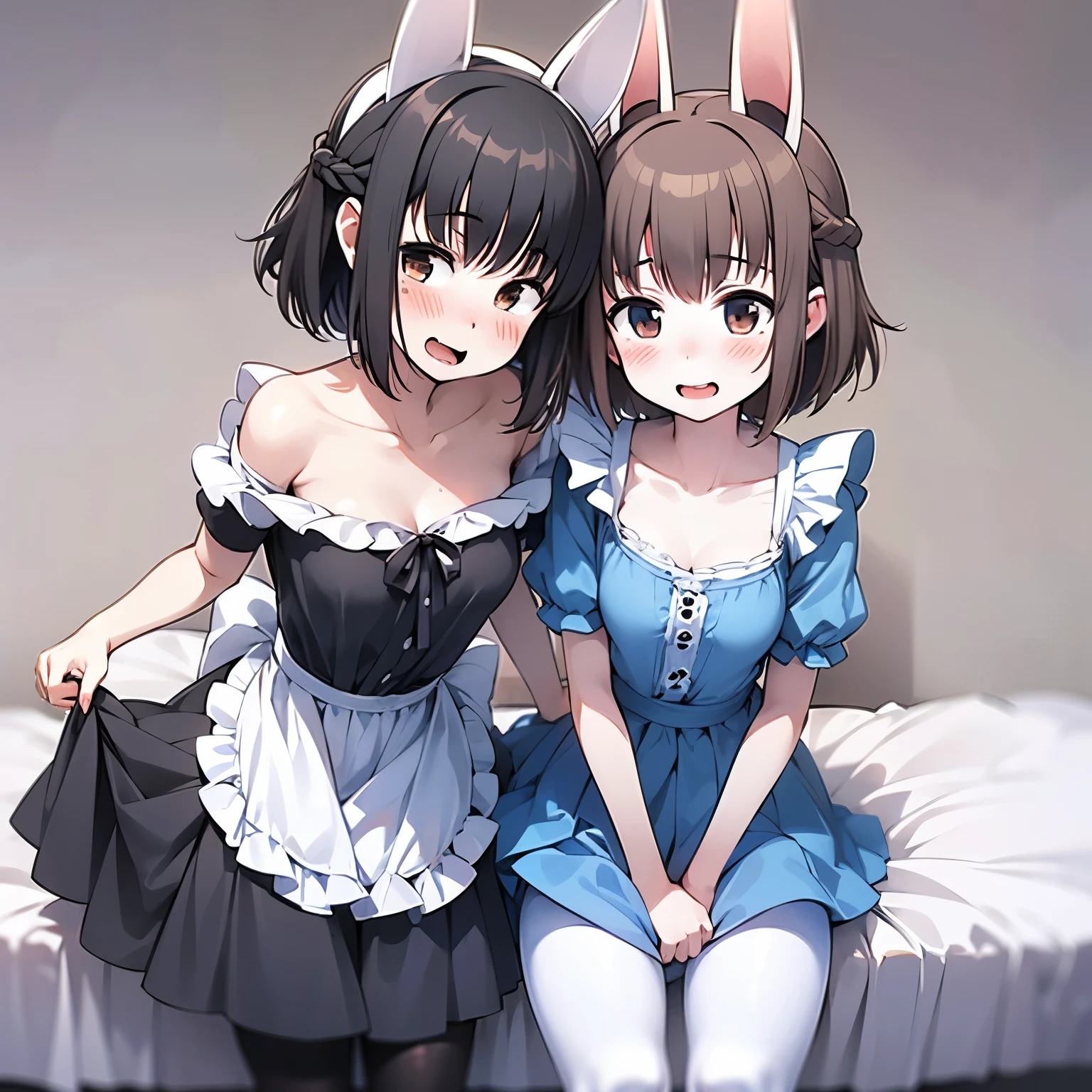 masterpiece, 最high quality, high quality, High precision,Highly detailed 8K wallpaper,NSFW、afternoon nap、Nakayoshi、adopted daughter、Impression that makes you want to impregnate her、knee high socks、Kappogi、ruffle blouse、Shoulder blouse、(micro skirt)、Pick up the edge of the skirt、kiss mark on chest、plump chest、cleavage、cute face、(cute maid clothes)、Jobs、transformation、（Sensitive skin）、(boast)、No correction、、Slender、Before menarche、（No underwear）、big breasts、（trembling waist:1.3）、（Smug face:1,2）、(writhe in agony）、（open your mouth、Small fangs、blushing face）、（girl、小daughter、delicate、fox ears、fox tail、brown hair、Braid、slimming、beautiful belly、cute pants）、（short girl、daughter、Niece）、(smile、happy face、sense of security）、From in front of the camera、touch hair、Lean on shoulder