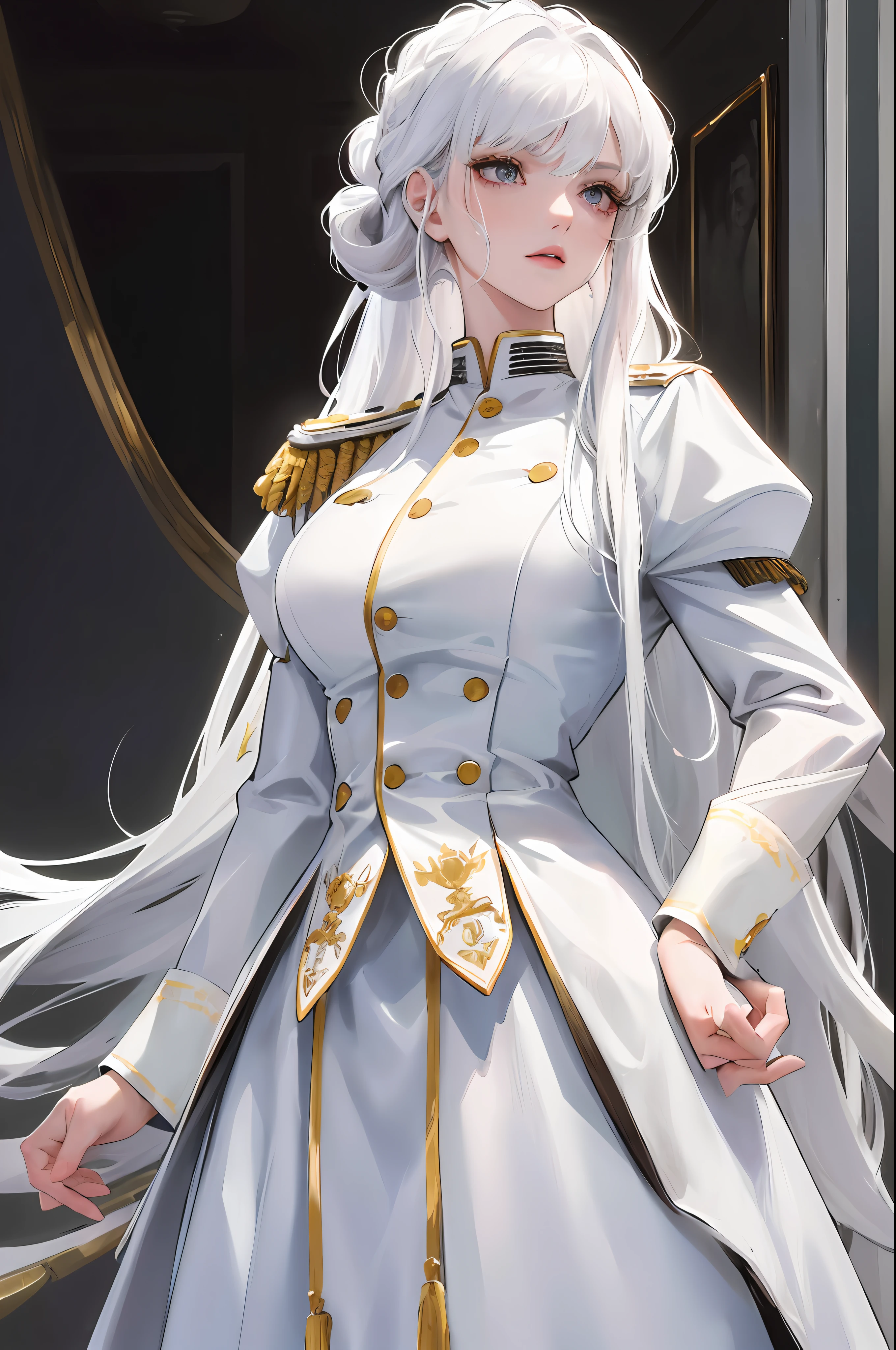 (highest resolution, distinct_image) the best quality, woman, masterpiece, high detail, semi-realistic, white hair, long hair, (updo), bangs, 21 years old, mature, young, white clothes, white uniform, military school beauty heroic heroic posture interior background exquisite and exquisite facial features