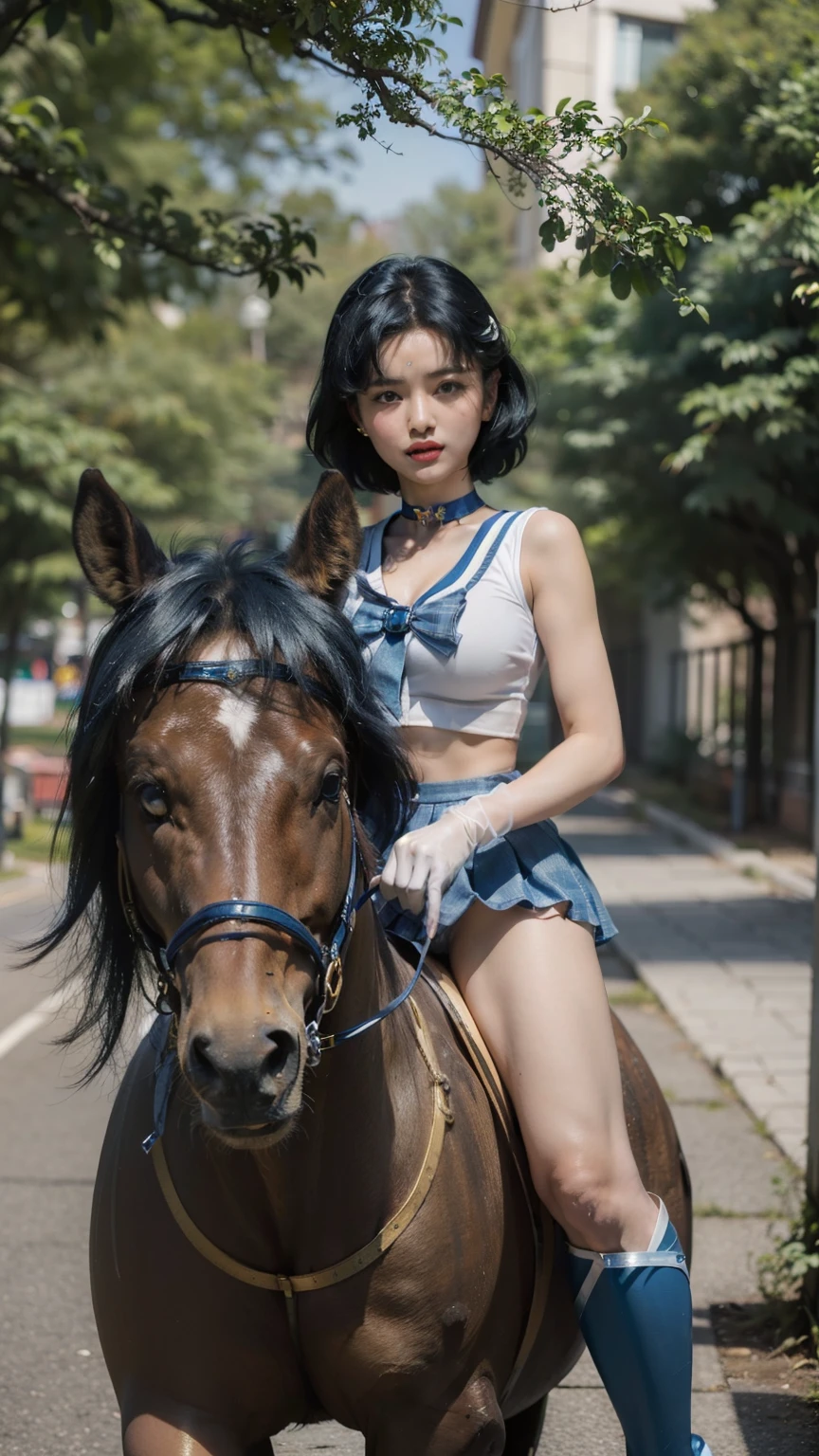 arafed asian woman in a tight white sailor uniform and tiny blue skirt riding a horse, very sexy pose, elegant seducing pose, sexy look, sultry body,  anime girl cosplay, ((tiny blue miniskirt|plaid miniskirt)), ((huge breasts|white sailor uniform)) ((white sailor shirt|blue collar|blue bow)), ((long blue boots|high heels|knee-high)), ((long white gloves|blue stripes)), ((blue choker|sapphire)), ((wearing a golden tiara on forehead)), ((long slender legs)), ((tiny white thong)), 2 4  old female model, beautiful alluring teen, model with attractive body, sexy body, gorgeous young korean woman, beautiful feminine body, gorgeous young model, young sensual graceful, gorgeous chinese model, ((curly bangs)), ((very dark short hair)), ((black hair in a rough shag)), wavy hair, (masterpiece:1.3), high resolution, ((sailor mercury)),((outdoors,park,bright and sunny))