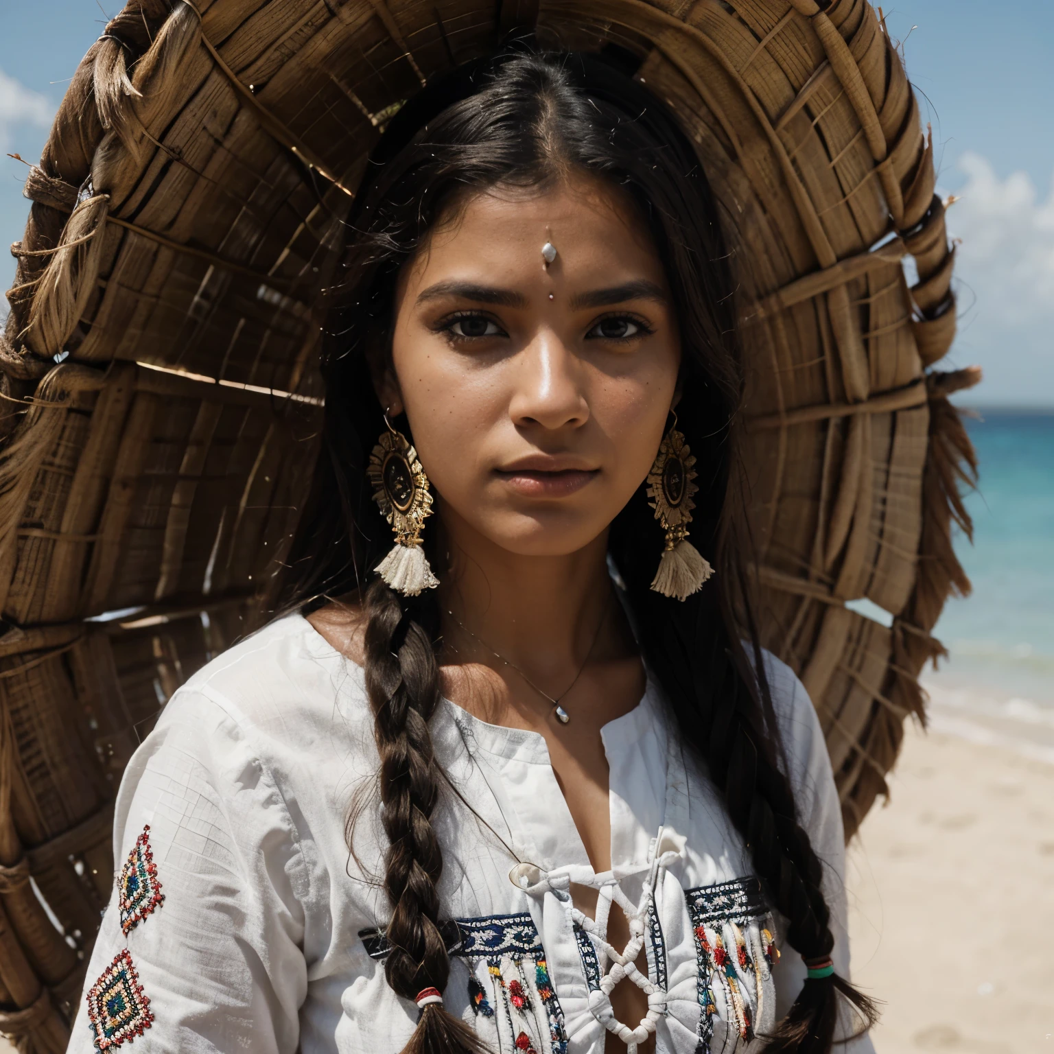 8k, Mais alta qualidade, ultra detalhes, indigenousBlack, portuguesa, italiana norte-americana, trajes tradicionais dos nativos americanos latinos, intricate beads, cocar de penas, strong and stoic expression, deep connection with the decolonial land