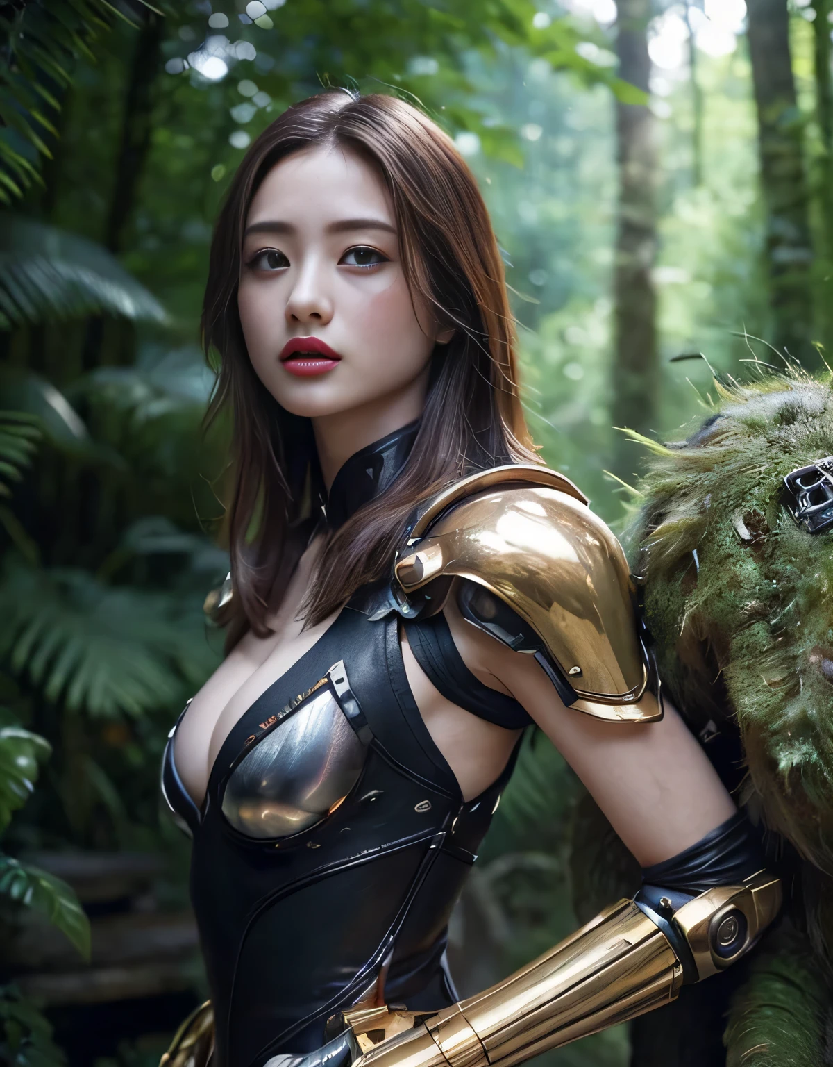 ((battle with monsters))、highest quality、masterpiece、超A high resolution、(Photoreal:1.4)、Raw photo、1 girl、golden hair、glowing skin、(((1 Mechanical Girl)))、with a beautiful knife、（blue metal bodysuit）、(beautiful forest background)、(battle with monsters)、(Small LED)、((Ultra realistic details))、Portrait、(Strong Huge Monster Background),global illumination、Shadow、octane rendering、8K、super sharp、Huge 、Raw skin exposed in cleavage、Metal、intricate decorative details、Japan details、very intricate details、realistic light、CG Society Trends、red eyes、shining eyes、towards the camera、Neon detailed mechanical limbechanical vertebrae attached to the back of the blood vessels connected to the tubes、cervical vertebrae mechanically attached to the neck、(Wires and cables connecting to the head)、gundam、Small LED、,mechanical thighs、two stock、（Hands are also made of machines）、（Attack of the monsters）、（injured in a deadly fight）、