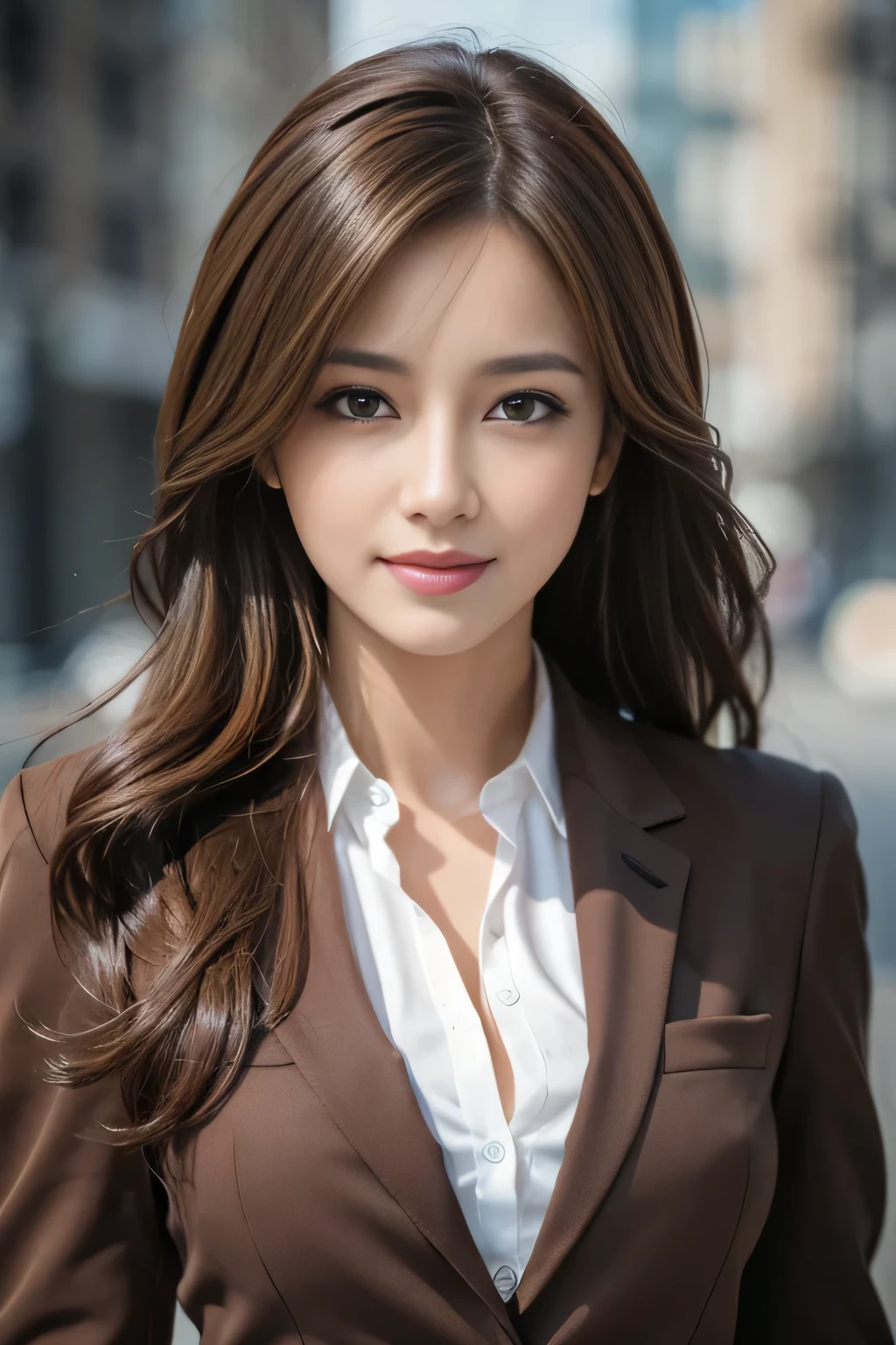table top, highest quality, realistic, Super detailed, finely, High resolution, 8k wallpaper, 1 beautiful woman,, light brown messy hair, wearing a business suit, sharp focus, perfect dynamic composition, beautiful and detailed eyes, thin hair, Detailed realistic skin texture, smile, close-up portrait, model body shape