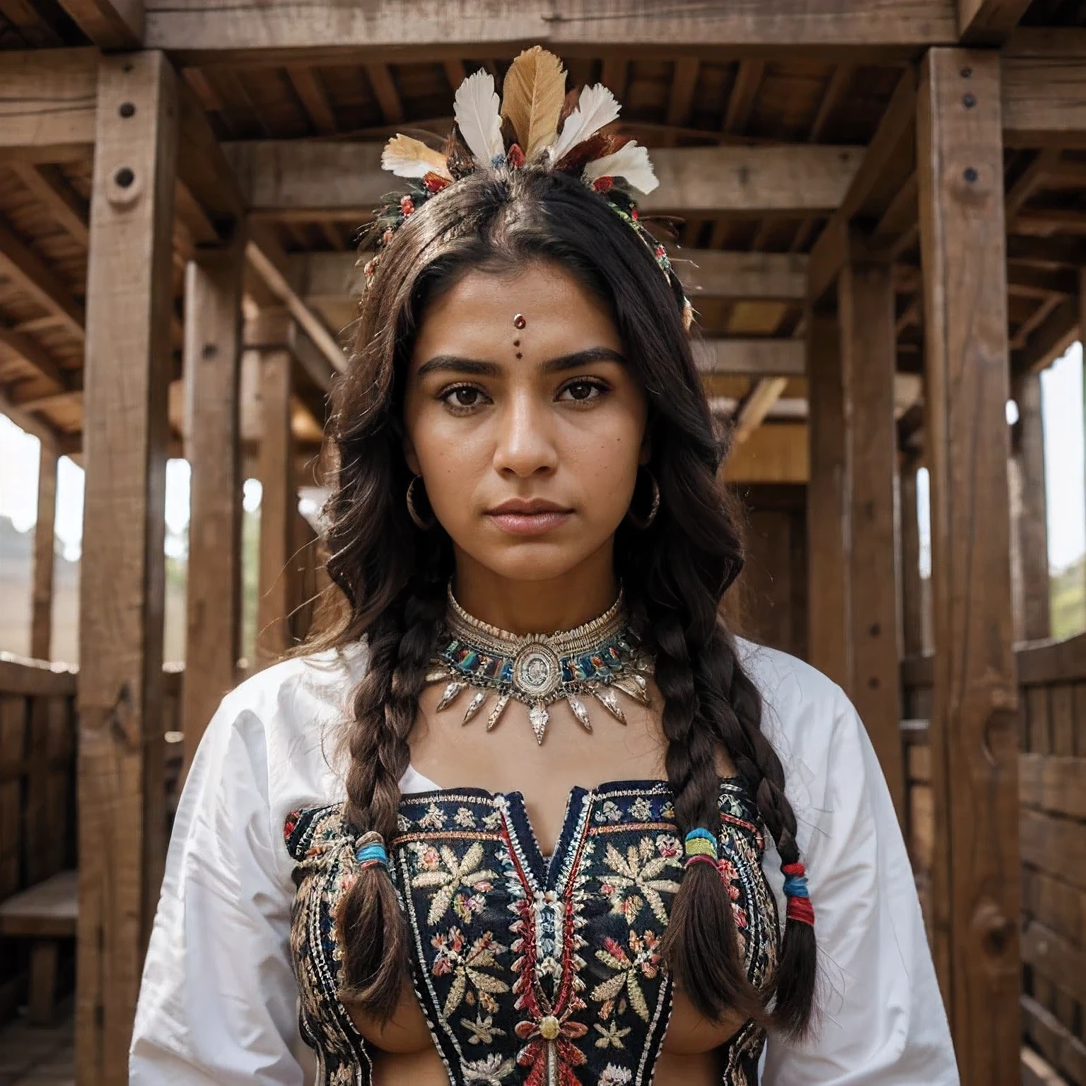 8k, Mais alta qualidade, ultra detalhes, indigenousBlack, portuguesa, italiana norte-americana, trajes tradicionais dos nativos americanos latinos, intricate beads, cocar de penas, strong and stoic expression, deep connection with the decolonial land