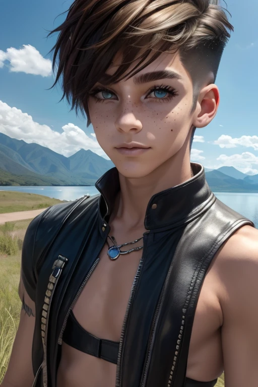 Hyperdetailed hyperrealism photo of a happy young man with an undercut in a fantasy setting. An adventurer and ranger. Very androgynous looking. In a good mood. Shirtless smooth skinny chest. Androgynous. Slim body. Very . Thin waist, Face: Extremly pale skin with liverspots and freckles. Soft narrow face with a round chin. Soft small jaw. Upturned big dark-brown eyes. Dark-brown eyecolour. (Short blonde hair). A boyish face. short haircut Undercut. Sides shaved. A tight fantasy leather shorts of a lonley ranger. Background: Wide colourful plains. A big lake. Shiny blue sky. Wonderful weather. 