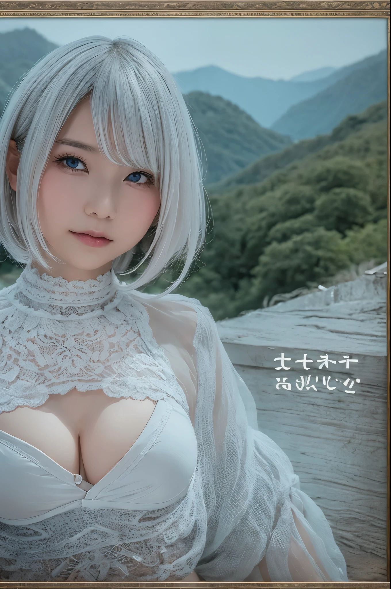 ((high quality)),table top,(Detailed depiction of local details:1.2),1 Japanese girl,(plump breasts:1.3),Enchanted Valley,closed mouth,eyelash,looking at the viewer,portrait,alone,Upper body,gray hair,white theme,short hair,silver hair,Yoruhano. 2 Type B,