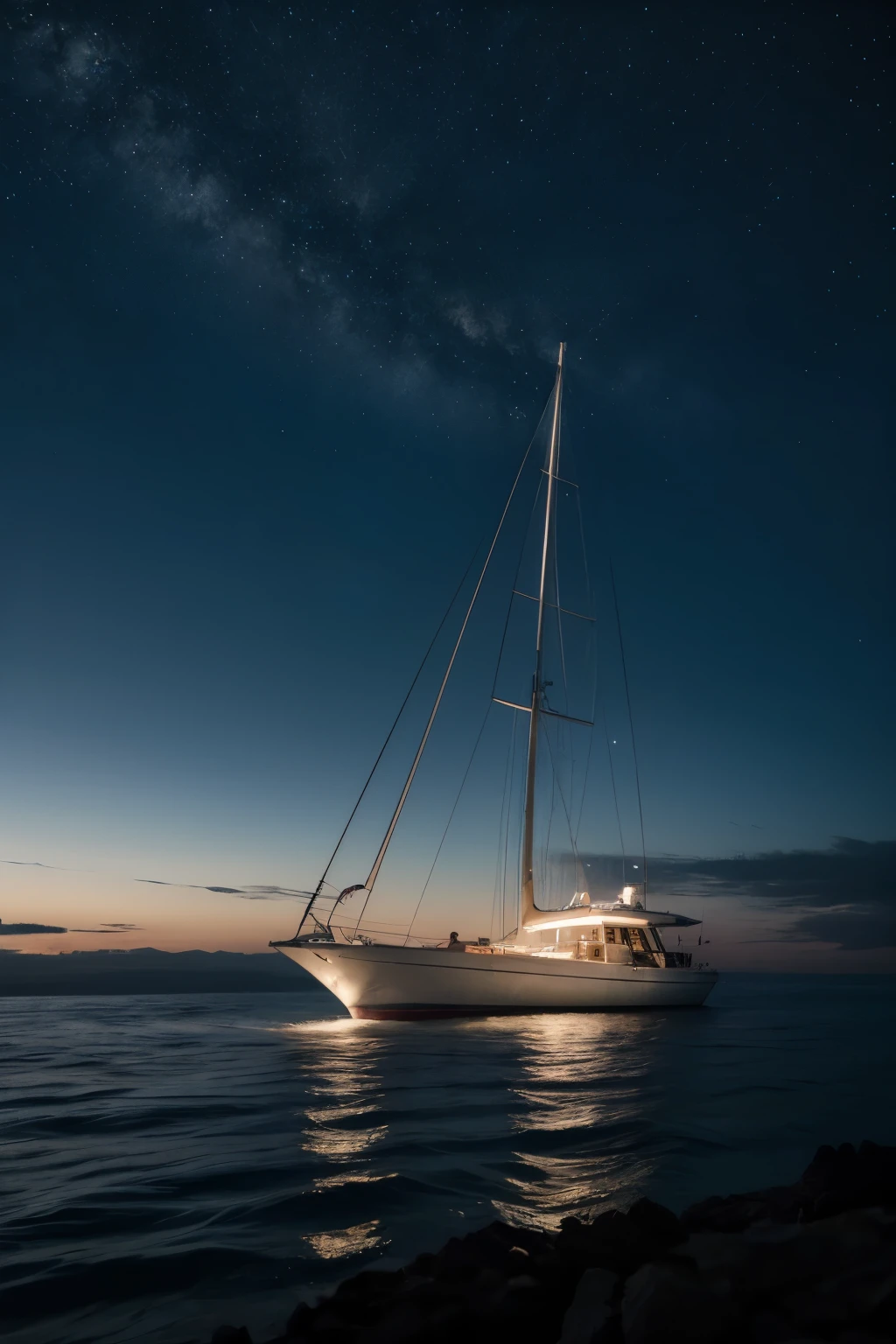 imagen de un velero en el mar de noche con un cielo estrellado