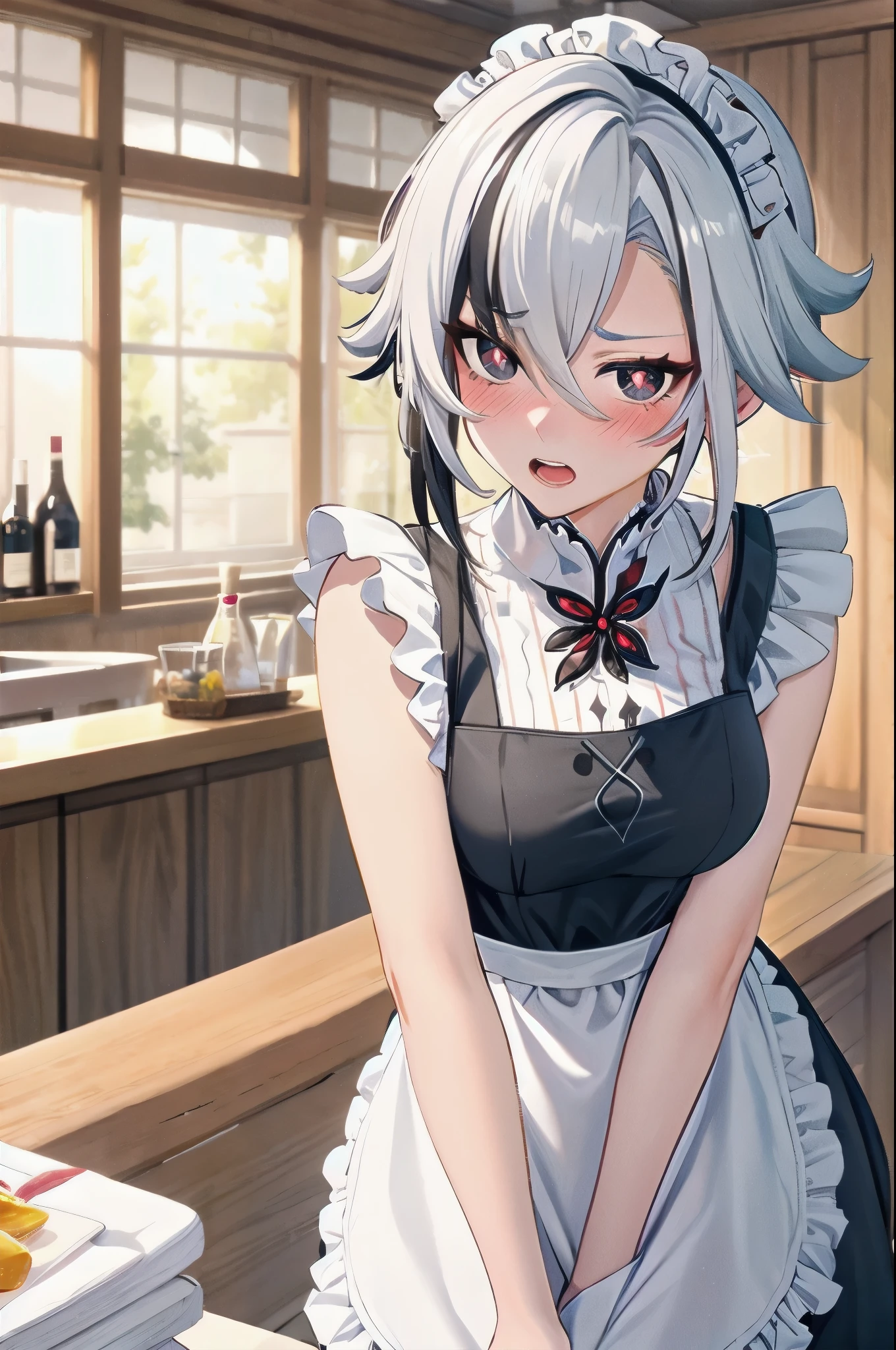 1girl, arlecchino \(genshin impact\), maid, maid headdress, maid apron, embarrassed, open mouth, blush, light frown, looking at viewer, x-shaped pupils, black eyes, cowboy shot, bar \(place\), indoors, depth of field