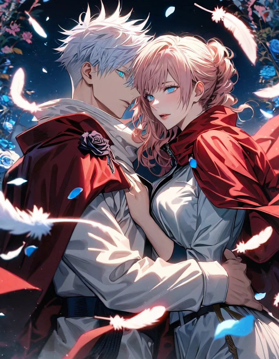 Ultra detailed, highres, absurdres, HDR, Claire Farron, wavy rose pink short hair, aqua pale eyes, Final Fantasy, Lightning Farron, 1 woman with 1 man together as a couple, Gojou Satoru, white hair with bangs, blue eyes, Jujutsu Kaisen, white clothes, red cape, feathers and blue petals