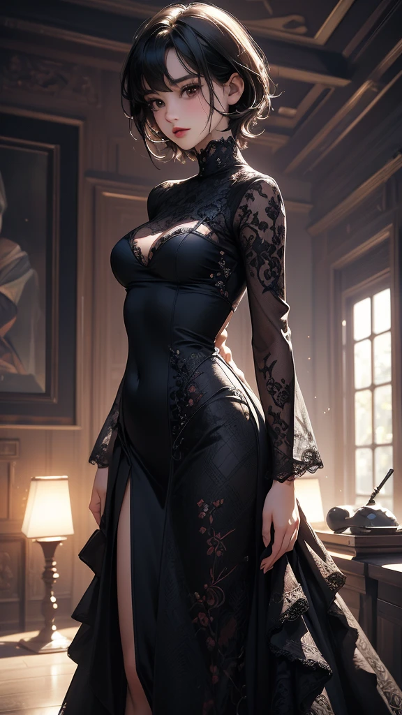 (Highly detailed CG unit 8k wallpaper, masterpiece, High resolution, highest quality, highest qualityのリアルテクスチャスキン), ((All interesting walled rooms, Empty room)), fashion pose:1.4, A cool woman influenced by nostalgic and inorganic fashion, Nana Komatsu, Asymmetrical short hair, detailed costume, fine embroidery, Coordination of high neck lace sleeve mini tight dress:1.3, hyper realistic, digital painting, concept art,