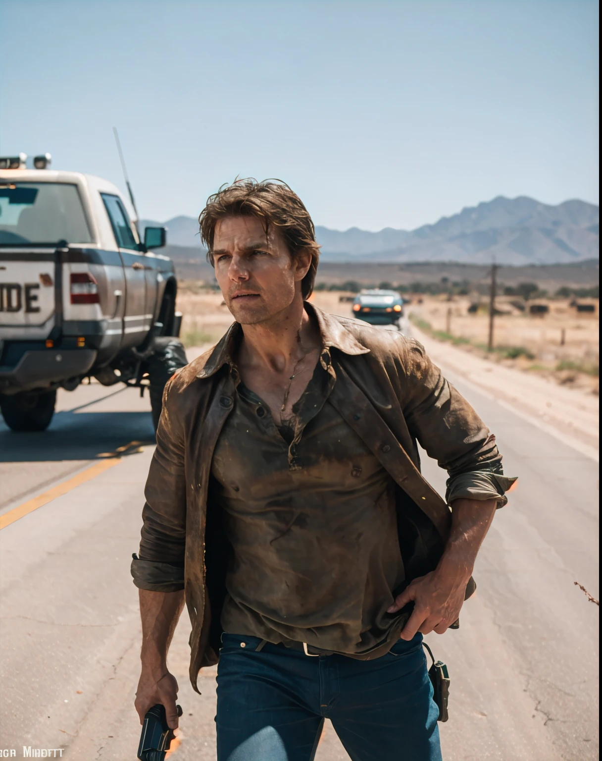 Tom Cruise como Rick Grimes de The Walking Dead,medio cuerpo, XF IQ4, 150 megapixels, 50mm, ISO 1000, 1/250s, luz natural, Adobe Lightroom, photolab, Foto de afinidad, FotoDirector 365