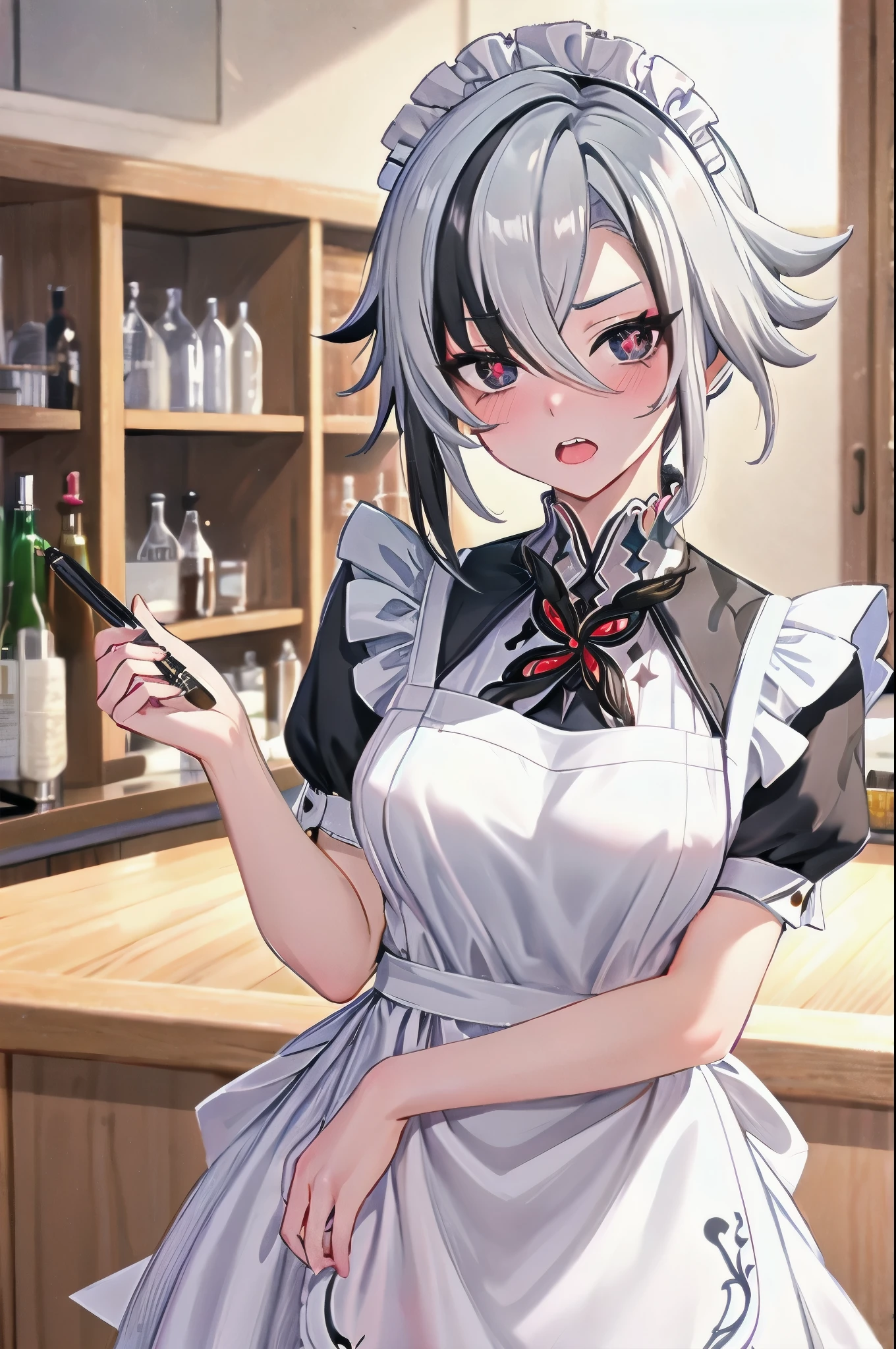 1girl, arlecchino \(genshin impact\), maid, maid headdress, maid apron, embarrassed, open mouth, blush, light frown, looking at viewer, x-shaped pupils, black eyes, cowboy shot, bar \(place\), indoors, depth of field