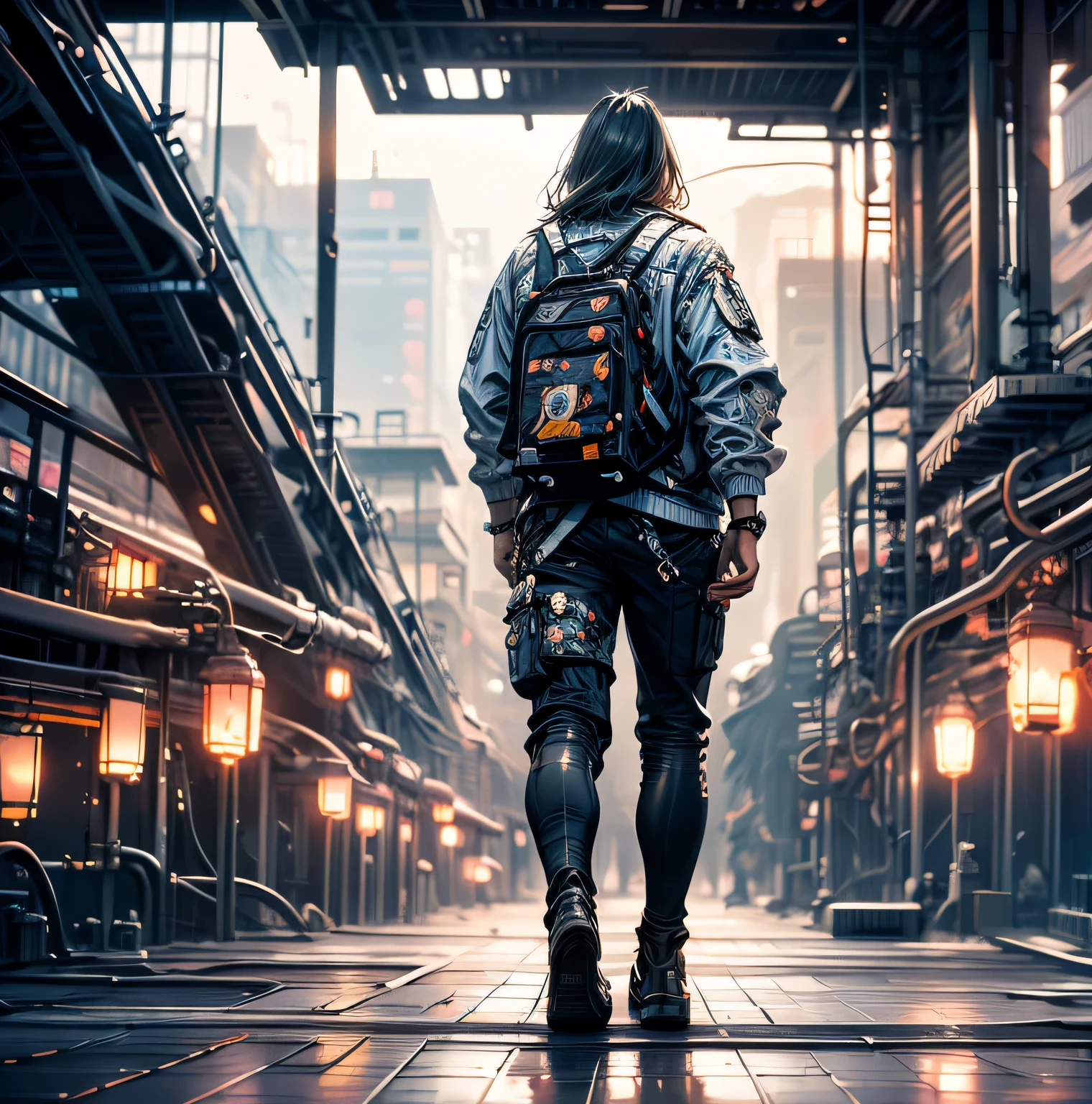 (8k unit wallpaper CG extremely detailed, masterpiece, best quality, ultra-detailed), (((solo)))), ((extremely wide shot:1.15)), a man on a bridge looking at a scifi city in the distance in the background, ((back view)), ((full body)), (high detail), (intricate details), intricate, magnificent scene, detailed environment, highly detailed environment, illustrator, (masterpiece).