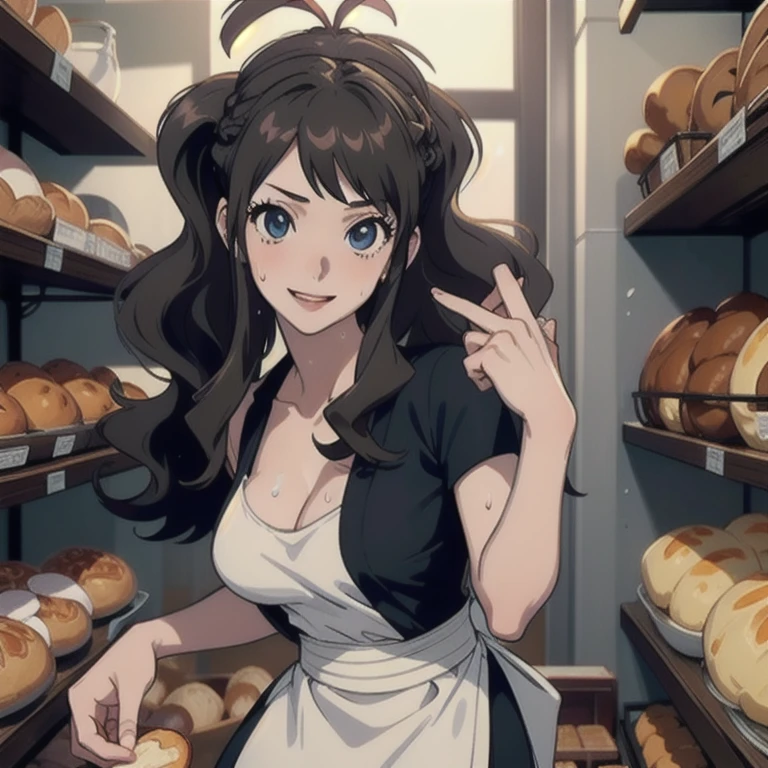 ((masterpiece, best quality, highres, UHD, perfect pixel, depth of field, 8k, RTX, HDR)), BREAK, 1girl, single, solo, beautiful anime girl, beautiful artstyle, anime character, ((long hair, black hair)), (brown:1.4, rounded eyes, beautiful eyelashes, realistic eyes),big breast, without clothes wearing only a white apron, covered in sweat, blushing, with a smile, BREAK, holding a bitten bread in the hand, sexy pose in a pastry shop with shelves with a lot of bread.