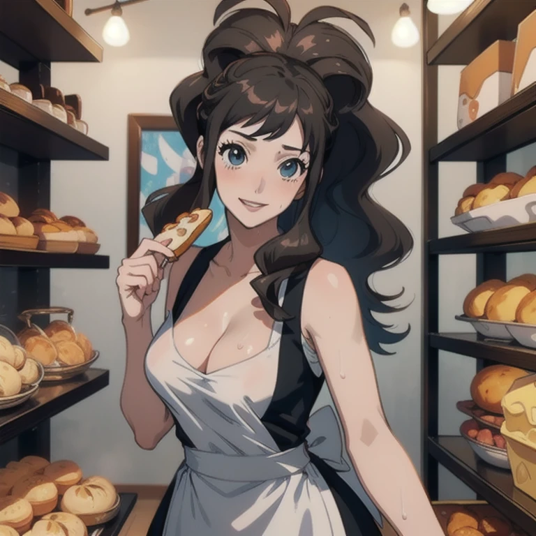 ((masterpiece, best quality, highres, UHD, perfect pixel, depth of field, 8k, RTX, HDR)), BREAK, 1girl, single, solo, beautiful anime girl, beautiful artstyle, anime character, ((long hair, black hair)), (brown:1.4, rounded eyes, beautiful eyelashes, realistic eyes),big breast, without clothes wearing only a white apron, covered in sweat, blushing, with a smile, BREAK, holding a bitten bread in the hand, sexy pose in a pastry shop with shelves with a lot of bread.