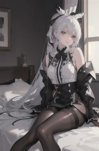 (((1 girl)),ray tracing,(dim lighting),[detailed background (Bedroom)),((silver hair)),((silver hair)),(Fluffy silver hair, chubby slender girl)) with a high ponytail)))) Avoid blonde eyes in the ominous Bedroom ((((Girl wearing black high-waisted pants and pantyhose with intricate embroidery) and white ruffled ribbon gloves), Expressing a delicate, slim figure and graceful curves, correct limbs, sitting on the bed