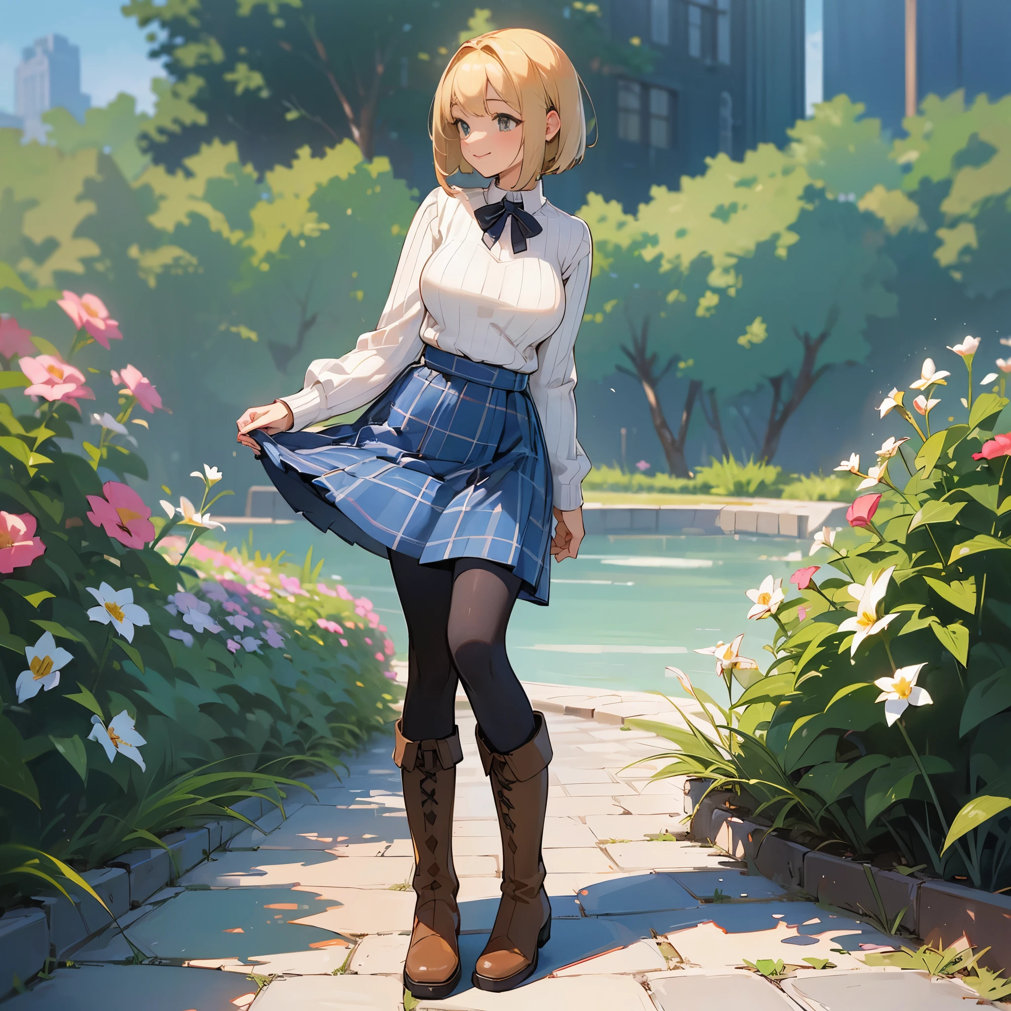 (high quality, High resolution, Super detailed, reality:1.37), peaceful atmosphere, (outdoor, garden), age girl standing alone, (my breasts are big.), Beautiful detail features, cute smile, (blonde bob hair), ribbed sweater, blue plaid skirt, black tights, brown boots.