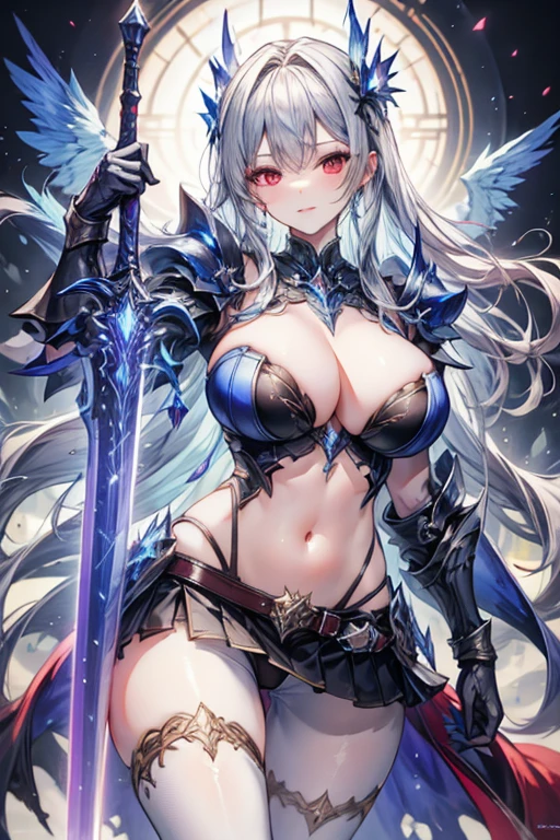 masterpiece,best quality, Swordmaster, long hair, gray hair, red eyes, perfect face, blue_armor, ((exposed arm)), blue_ornaments, blue_tabard, thong, belt, sword, ((big tits)), exposed belly, smiling, 1girl, legs exposed, strikes, Perfect face, thick thighs, ,add_detail:1, add_detail:0, add_detail:0.5,((weapon_Sword)), short skirt, pantyhose, Sword_ornaments