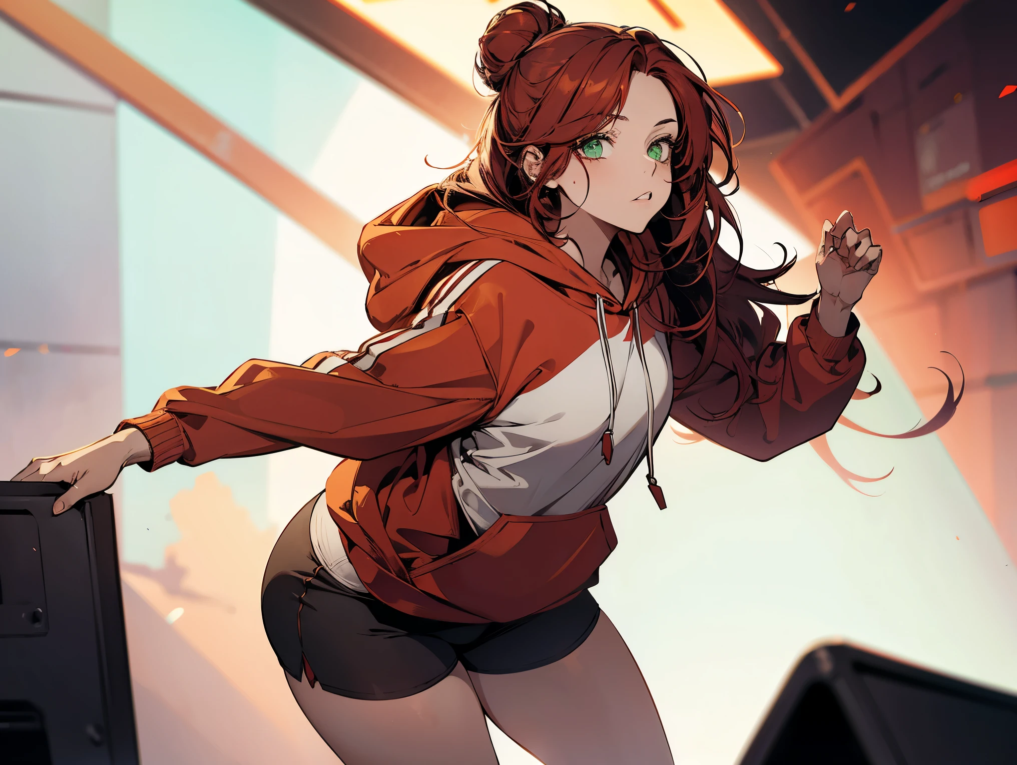 1 female, teacher, wearing a red and white hoodie, bootyshorts, Thicc, red hair, long hair, two buns, light green eyes, face to detail, detailed eyes, the background is a dark room