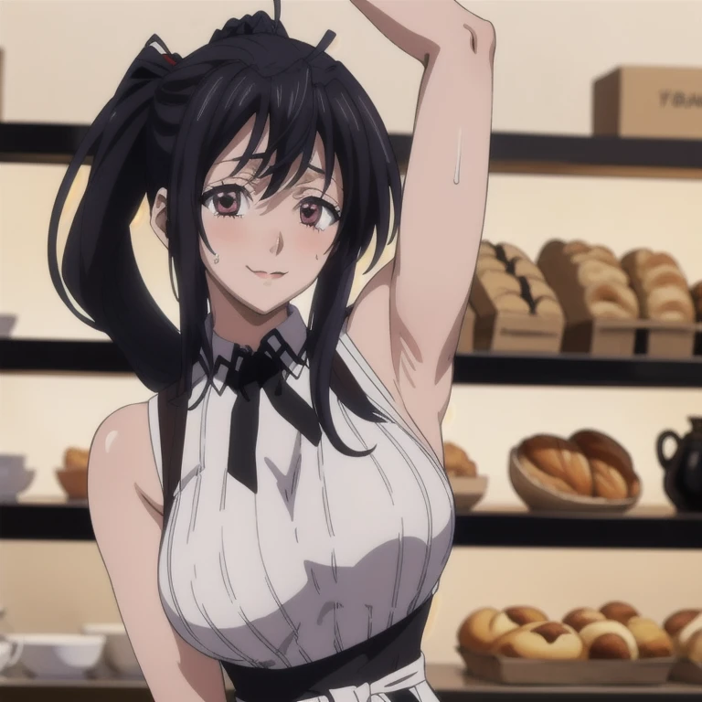 ((masterpiece, best quality, highres, UHD, perfect pixel, depth of field, 8k, RTX, HDR)), BREAK, 1girl, single, solo, beautiful anime girl, beautiful artstyle, anime character, ((long hair, black hair)), (brown:1.4, rounded eyes, beautiful eyelashes, realistic eyes),big breast, without clothes wearing only a white apron, covered in sweat, blushing, with a smile, BREAK, holding a bitten bread in the hand, sexy pose in a pastry shop with shelves with a lot of bread.