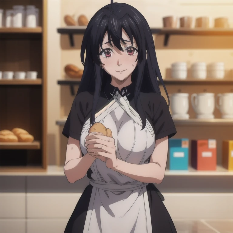 ((masterpiece, best quality, highres, UHD, perfect pixel, depth of field, 8k, RTX, HDR)), BREAK, 1girl, single, solo, beautiful anime girl, beautiful artstyle, anime character, ((long hair, black hair)), (brown:1.4, rounded eyes, beautiful eyelashes, realistic eyes),big breast, without clothes wearing only a white apron, covered in sweat, blushing, with a smile, BREAK, holding a bitten bread in the hand, sexy pose in a pastry shop with shelves with a lot of bread.