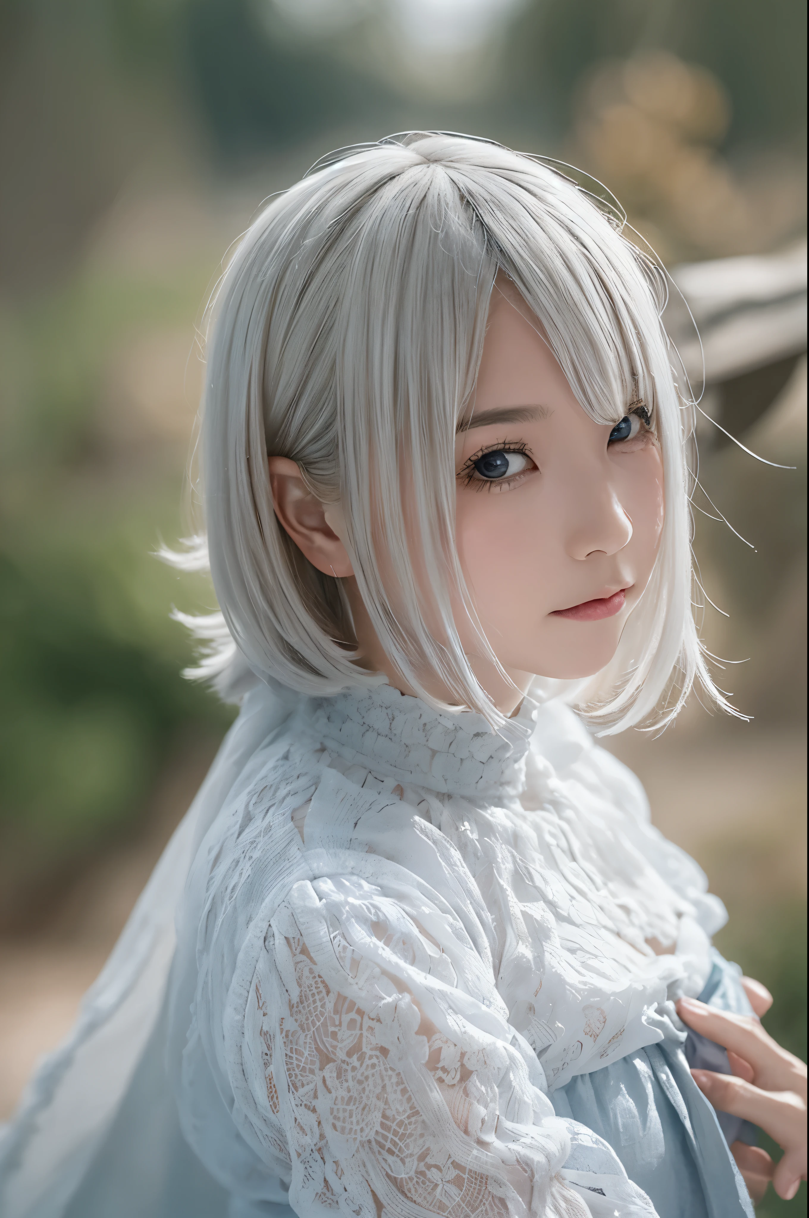 ((high quality)),table top,(Detailed depiction of local details:1.2),1 Japanese girl,(plump breasts:1.3),Enchanted Valley,closed mouth,eyelash,looking at the viewer,portrait,alone,Upper body,gray hair,white theme,short hair,silver hair,Yoruhano. 2 Type B,