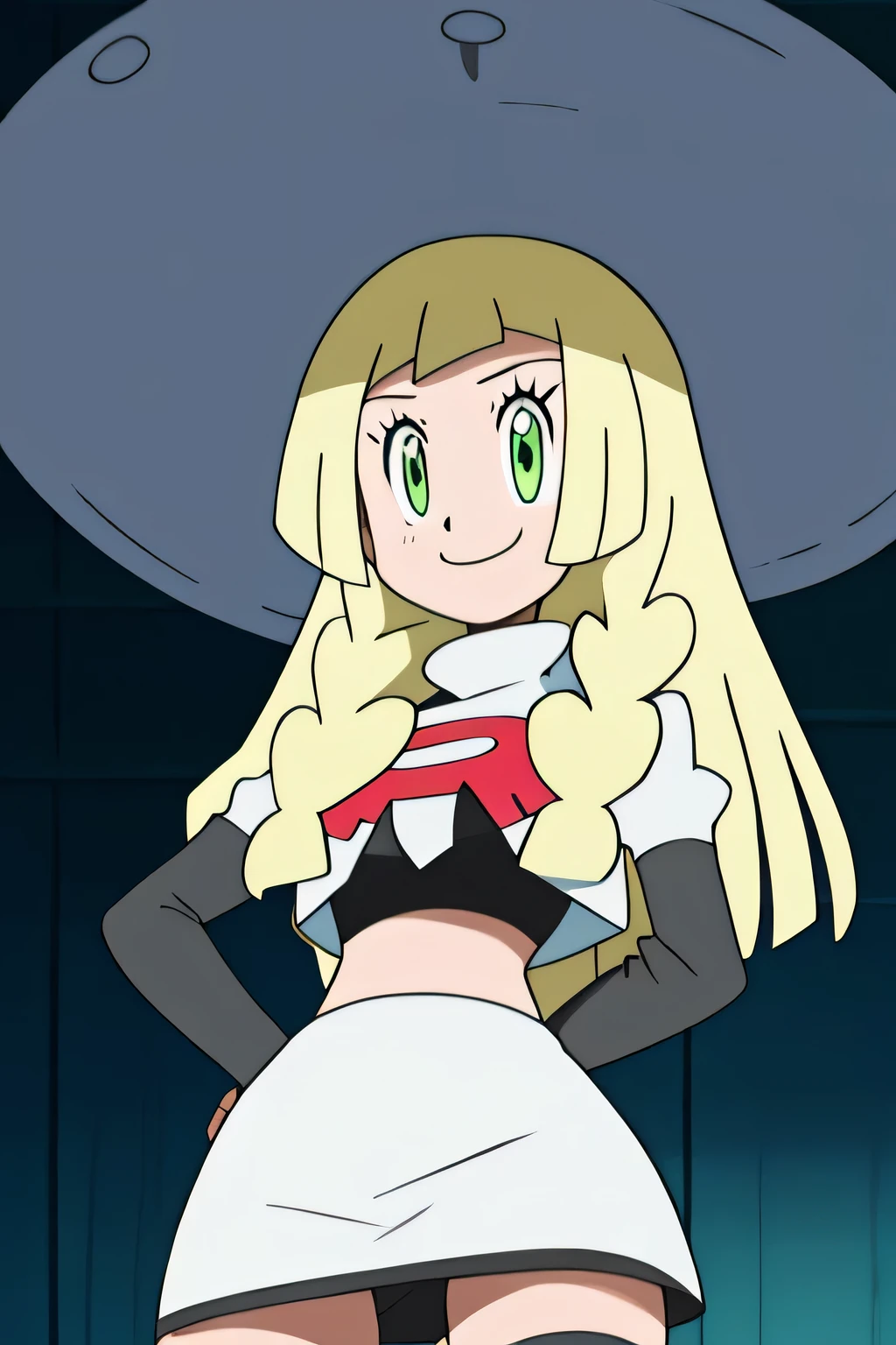 8k, masterpiece,highres, team rocket uniform, red letter r, white skirt,white crop top,black thigh-high boots, black elbow gloves, smiling, looking down at viewer, hands on hips, cowboy shot, zettai ryouiki,from below, black panties,anime style, vivid colors, sharp focus, intense lighting,lillie,blonde hair, long hair, twin braids, green eyes,sun hat
