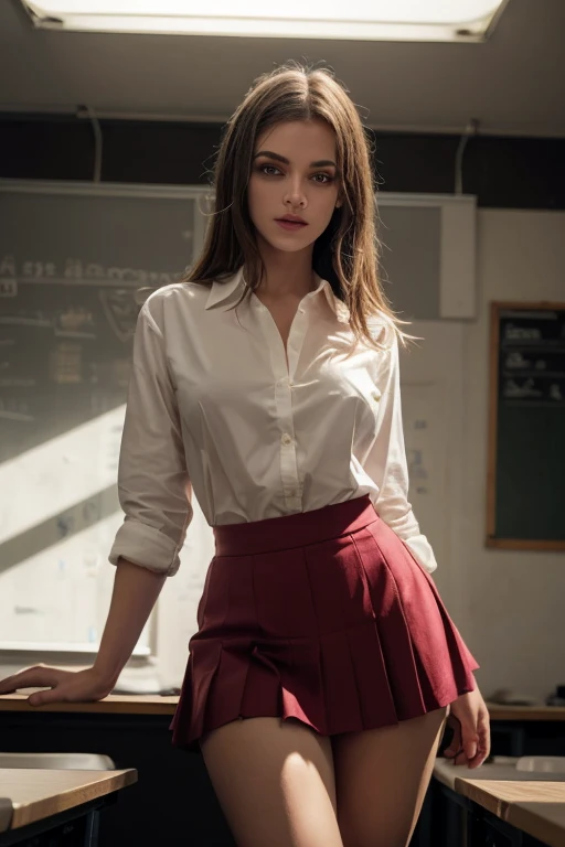 ultra realistic 8k cg, picture-perfectionな顔, perfection, clean, masterpiece, professional artwork, famous works of art, perfectionな顔, beautiful face, beautiful eye, ((perfectionな女性の身体)), alone,(An immersive atmosphere, chiaroscuro:1.5,bright light:1.2,bright lighting),(blush:0.5),fascinating look,very detailed_eye,thick thighs,small breasts,Beautiful and detailed background,Depth of the bounds written,realistic:1.3, long shot,1 girl,shirt with buttons, red pleated skirt, Are standing, full body, (ambient light:1.3),(cinematic composition:1.3),(neon light:0.1),(HDR:0.1),accent lighting, sexy long legs, classroom, barbara palvin