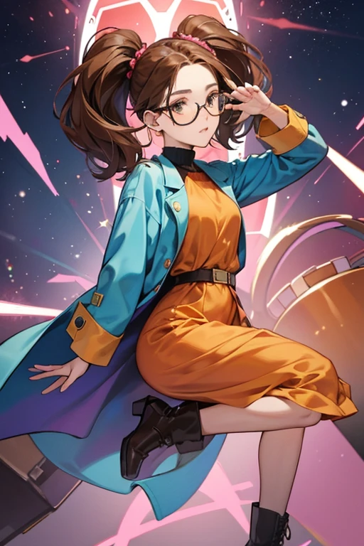 She wears blue-tinted glasses, a red jeweled head chain, a pair of low-heeled brown shoes, and a doctor's coat with an orange, long-sleeved turtleneck dress underneath. She has greenish skin with a few freckles on her cheeks, and her brown hair is in pigtails. She has a small, pink Scientific Parasite in her left pocket, much like the one Dr. Ice Cream has. SPARKLE; GLITTER