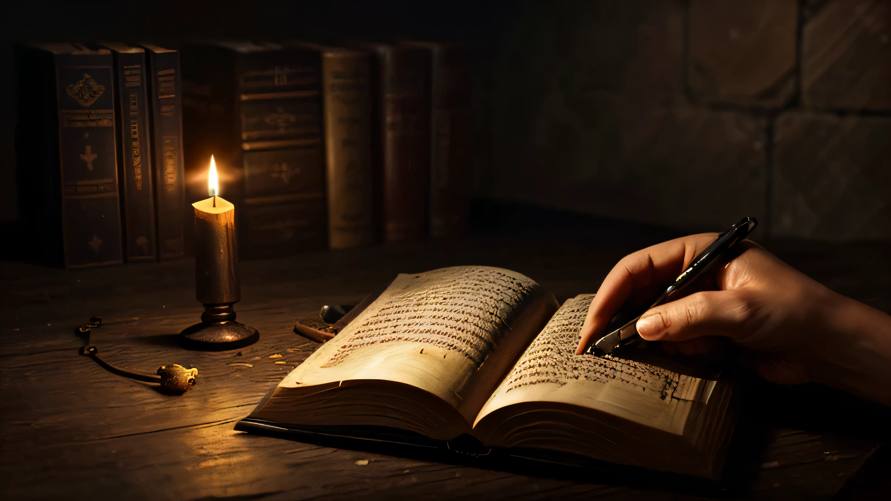 within an ancient chamber, an antique pen made from a noble bird's feather rests majestically upon an aged papyrus, adorned with ancient scriptures. The soft glow of candlelight casts gentle shadows, highlighting the intricate details of the pen and the papyrus. The pen occupies 70% of the image, while the papyrus fills the remainder, creating an atmosphere of mystery and nostalgia. There is no human presence, no window, door, candle, sculptures or buildings, only the richness of an ancient story waiting to be discovered. All focus on the pen. Only one pen is present.