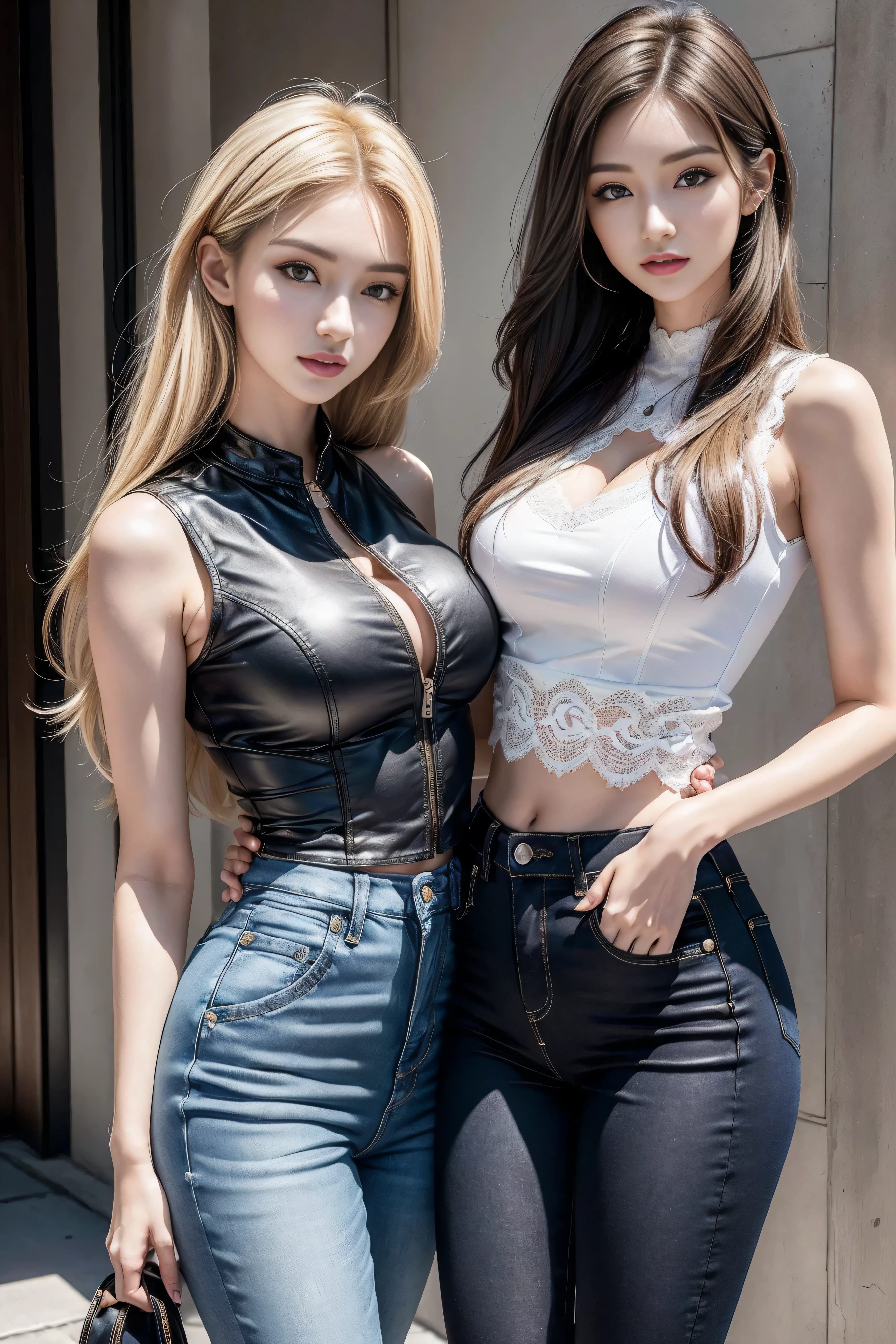 ((Realistic lighting, best quality, 8K, masterpiece:1.3)), (lock focus:1.2), (2 girls),(Beautiful woman with perfect figure:1.4), : 2 beautiful Korean girls, kpop idol,Leg length,(pale skin), (big eyes),(Smile:0.8),(plump sexy lips), complex and detailed face, ((Super delicate skin)),delicate face,Super thin face,narrow eyes,double eyelids,((blonde)), (white lace underwear:1.4),Background Shibuya streets,emphasize,Super thin face,narrow eyes,double eyelids,(start from below:1.attitude,(Medium chest:1.2),Sexy long legs, (thigh gap:1.5),wide hips,S-shaped body,Vest line, Buttocks raised,Leg length,Skinny denim trousers,Shot from the front,Body proportions,Long over-the-knee leather boots,